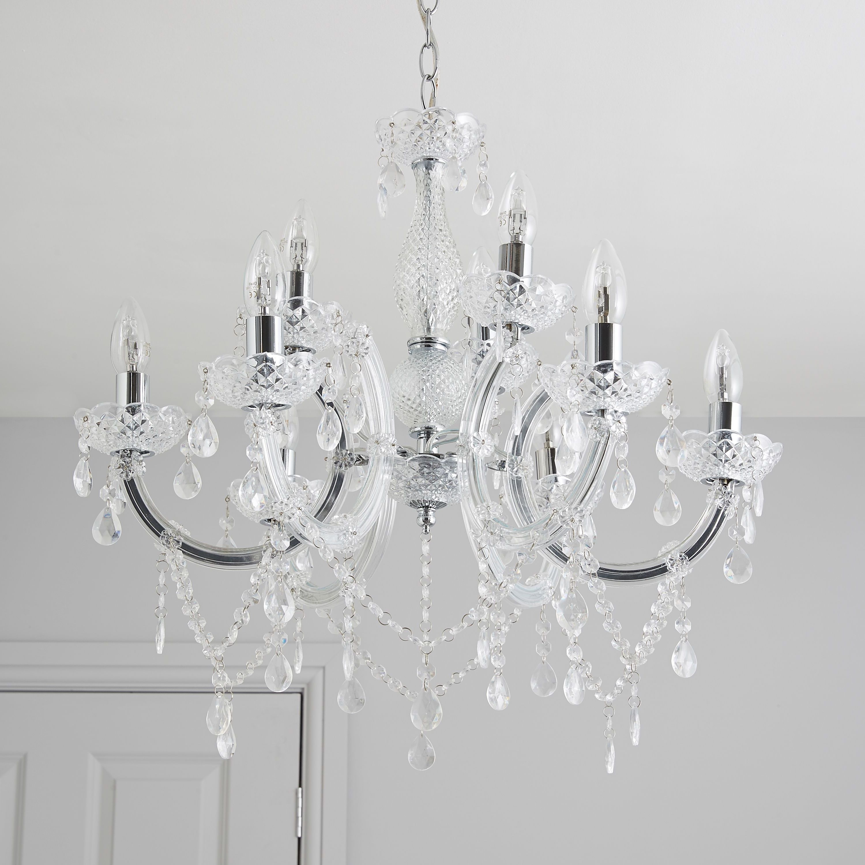 Fashionable Annelise Crystal Droplets Silver 9 Lamp Pendant Ceiling Light Inside Outdoor Ceiling Lights At B&q (Photo 4 of 20)