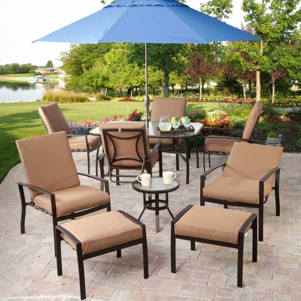 Elegant Small Patio With Blue Long Umbrella, And Brown Lacquered With Regard To Well Known Patio Umbrellas For Small Spaces (View 7 of 20)