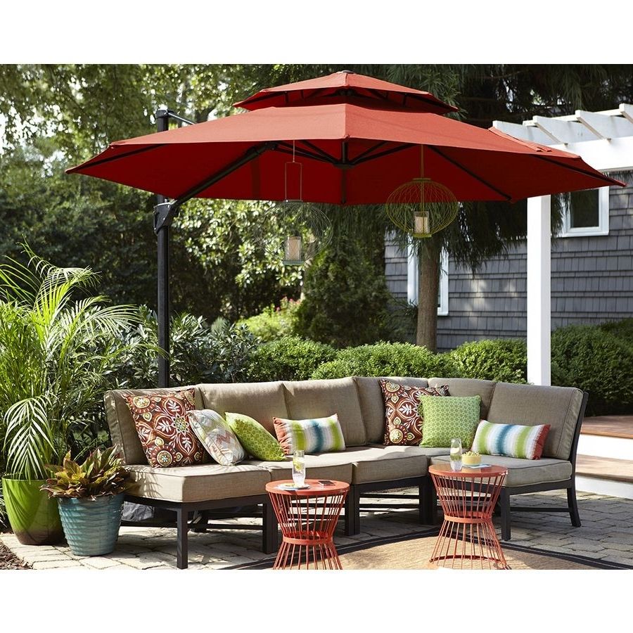 Most Recently Released Lowes Patio Umbrellas Regarding Shop Garden Treasures Red Offset Patio Umbrella (common:  (View 6 of 20)