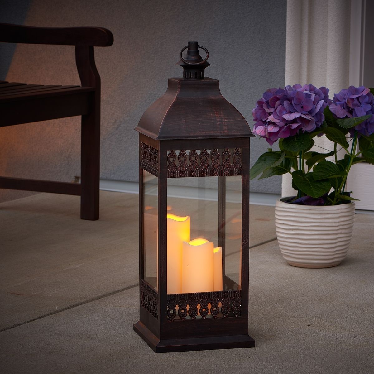 Outdoor Lanterns With Flameless Candles Within Preferred Lantern With Pillar Triple Led Candles Patio Garden Outdoor Ambient (View 1 of 20)