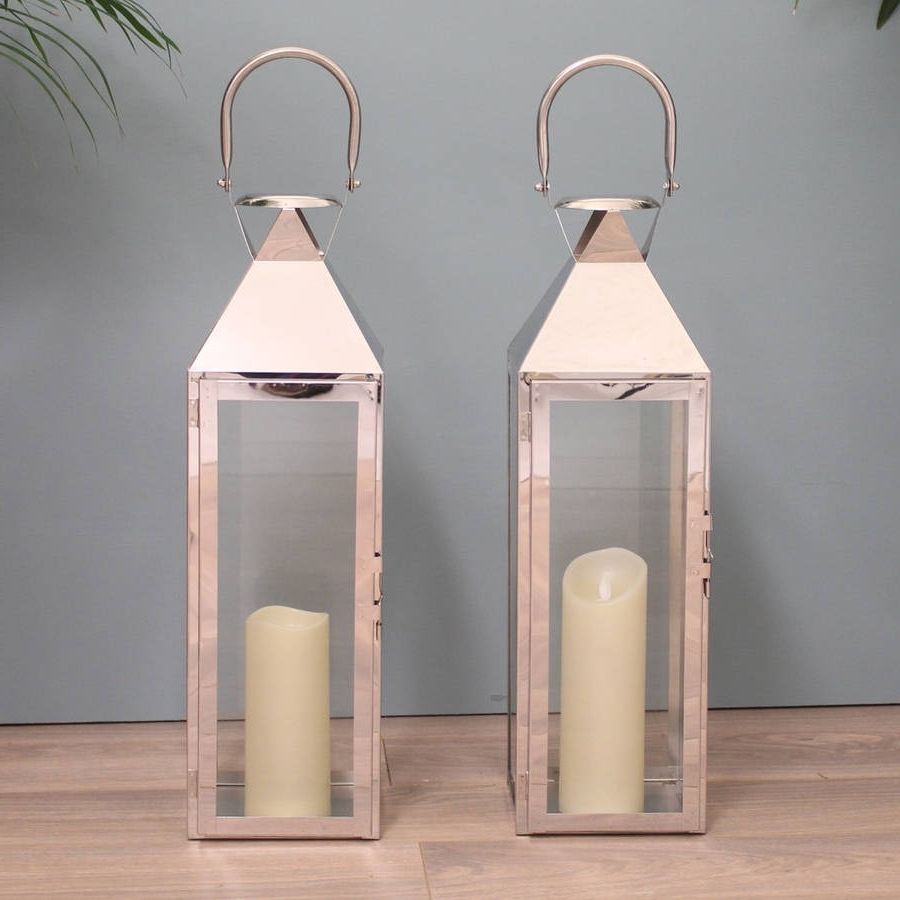 Two Knightsbridge Silver Candle Lanterns 55cmgarden Selections Pertaining To Favorite Outdoor Candle Lanterns (View 15 of 20)