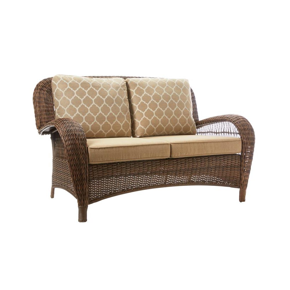 Beacon Park Brown Wicker Outdoor Patio Loveseat With Standard Toffee  Cushions In Most Up To Date Vardin Loveseats With Cushions (Photo 17 of 20)