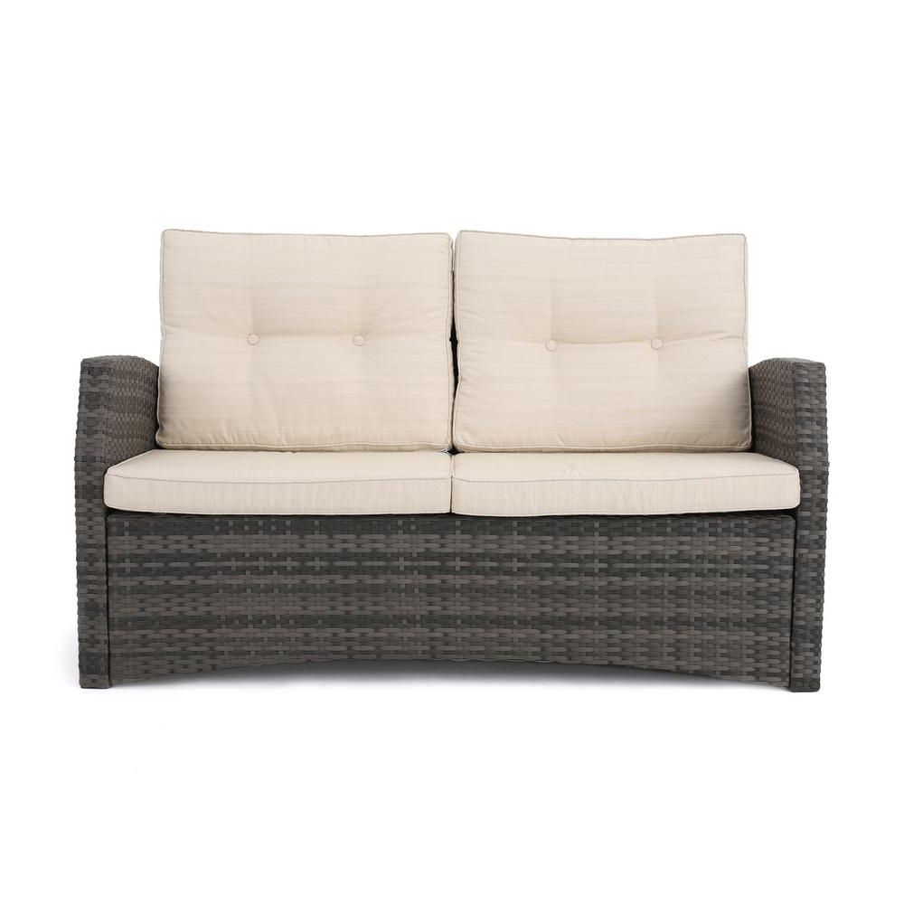 Belton Loveseats With Cushions With Regard To Most Current Noble House Sanger Gray Wicker Outdoor Loveseat With Beige (View 12 of 25)