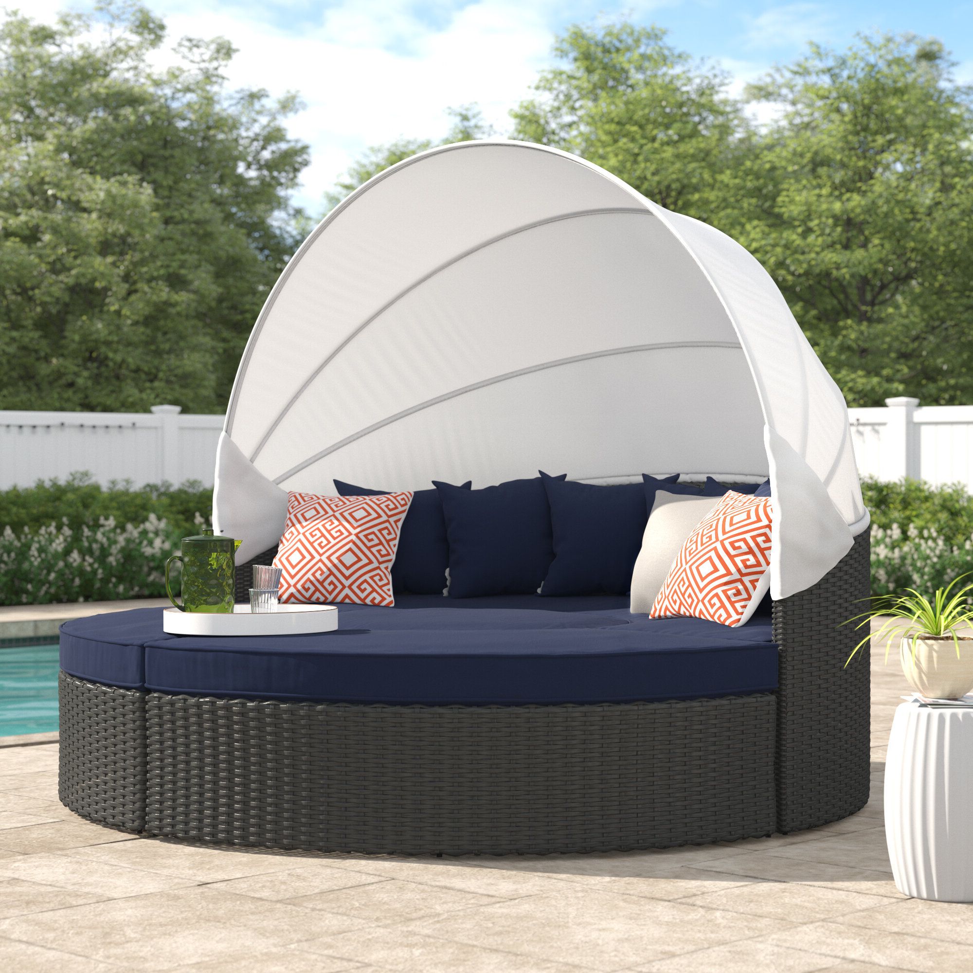 Brentwood Canopy Patio Daybeds With Cushions Intended For Well Known Tripp Patio Daybed With Sunbrella Cushions (View 14 of 25)
