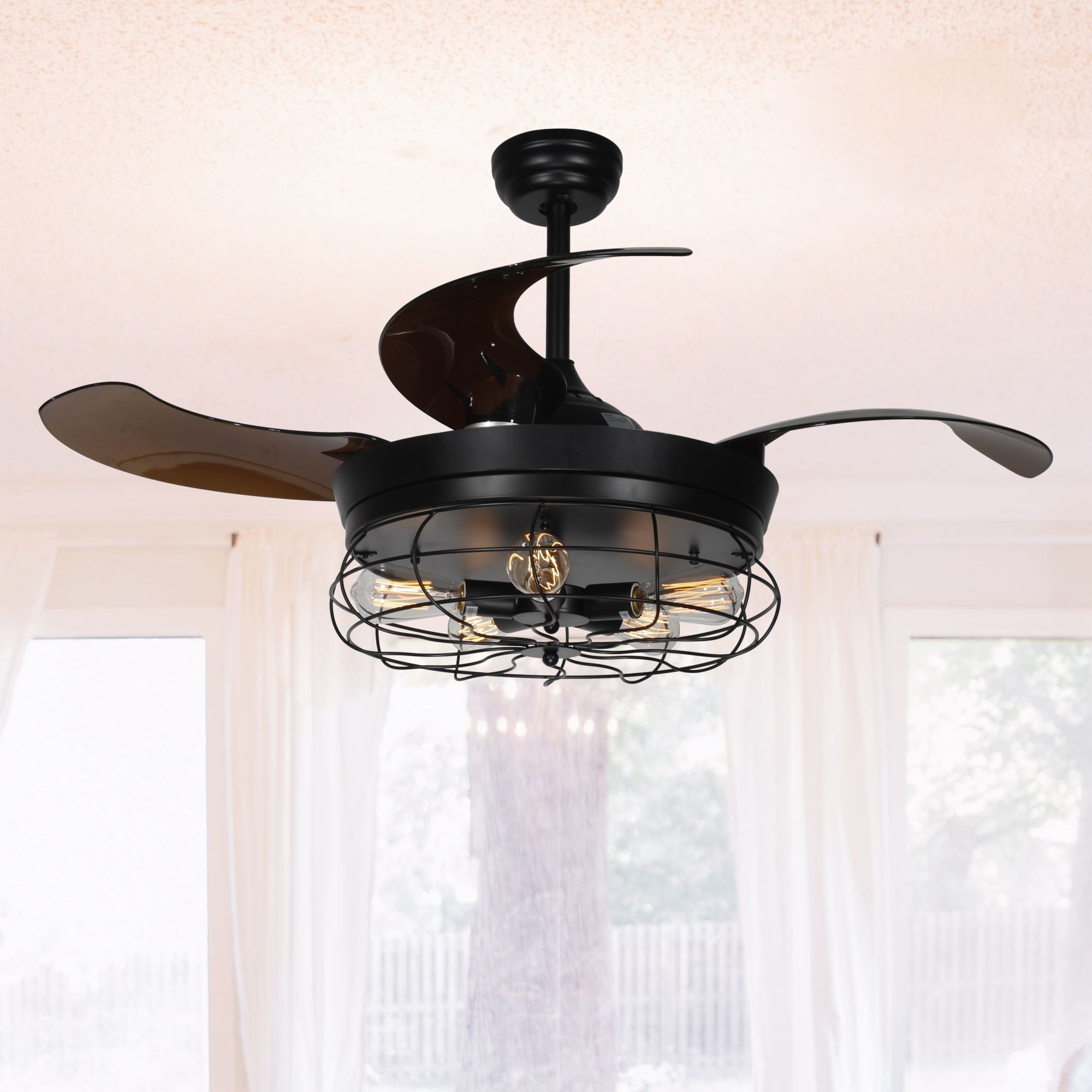 Current Mesa 5 Blade Ceiling Fans Regarding 46“ Benally Industrial Cage Retractable Ceiling Fan With Lights And Remote  Control, Black (View 20 of 20)