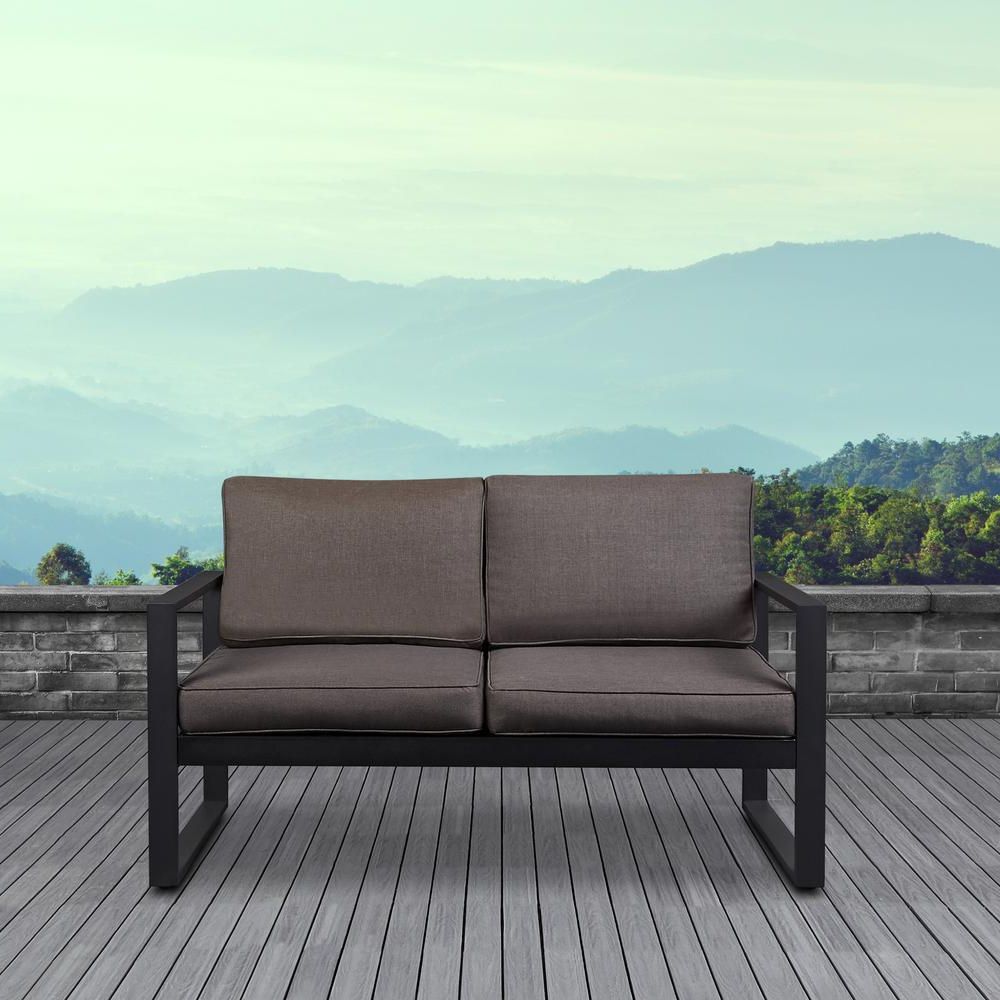 Fashionable Real Flame Baltic Black Powder Coated Aluminum Outdoor Loveseat With  Dessert Brown Cushions Intended For Baltic Loveseats With Cushions (View 4 of 25)