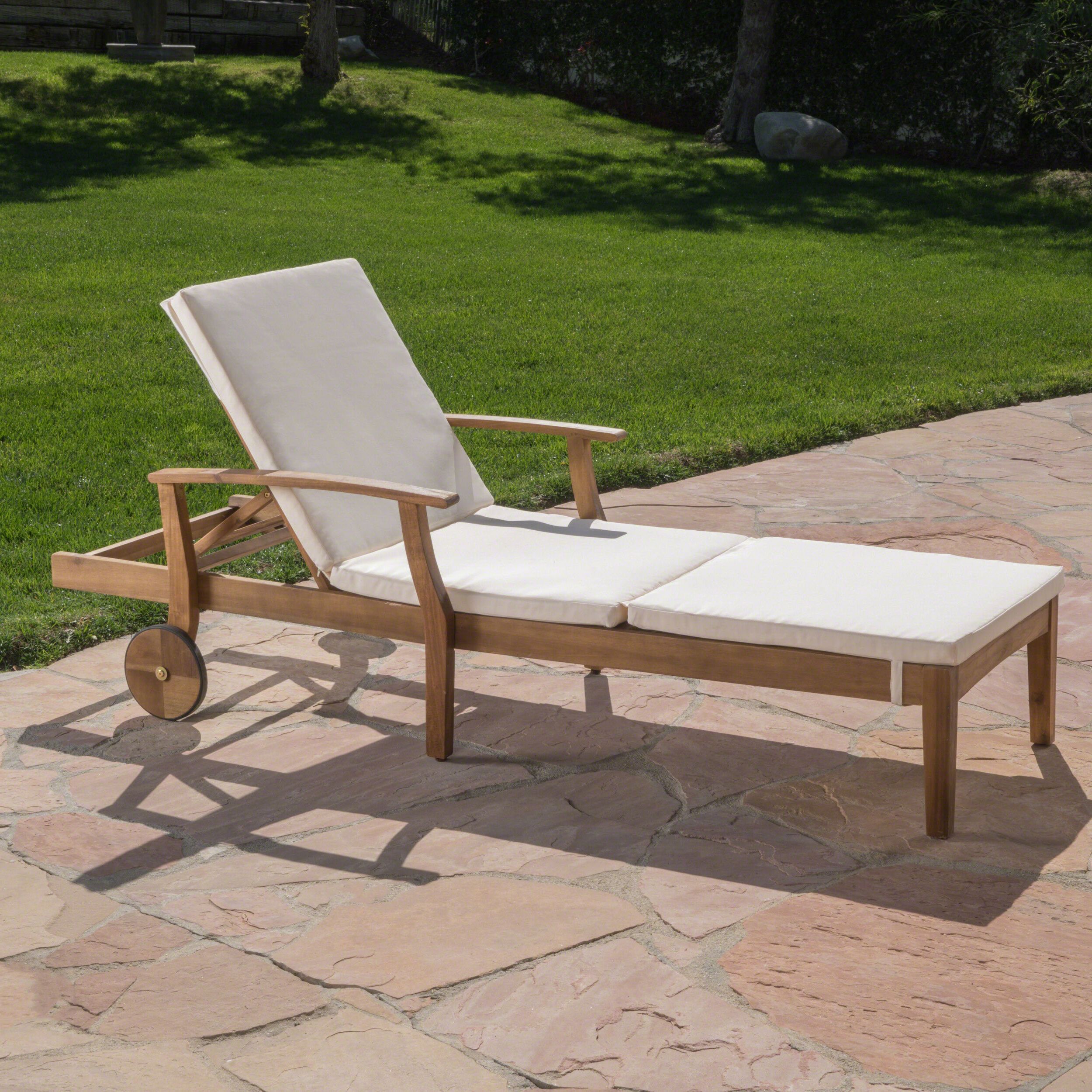 Antonia Reclining Chaise Lounge With Cushion Inside Well Known Outdoor 3 Piece Acacia Wood Chaise Lounge Sets (View 17 of 25)