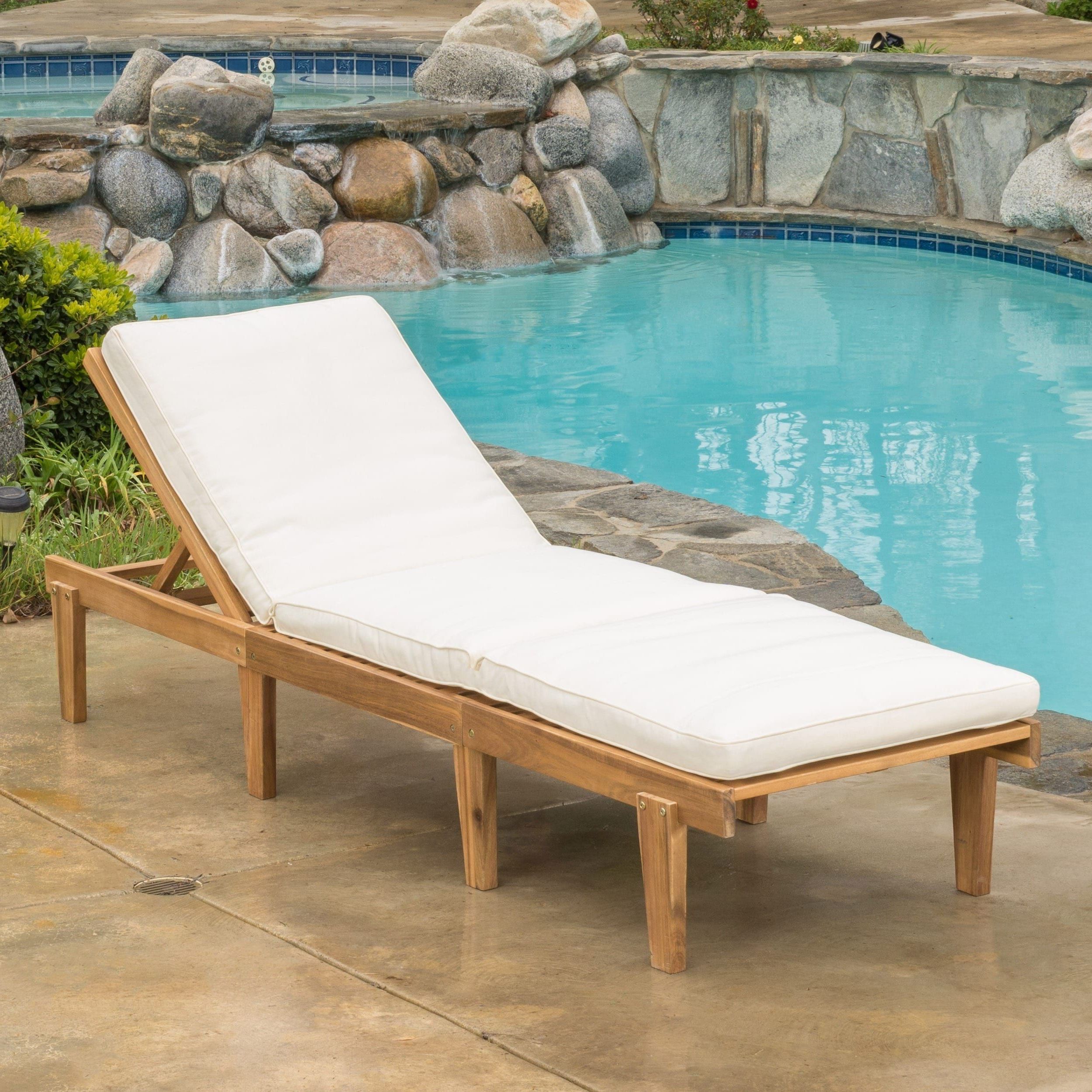 Ariana Acacia Outdoor Wood Chaise Lounge With Cushion Within Famous Outdoor Rustic Acacia Wood Chaise Lounges With Wicker Seat (View 13 of 25)