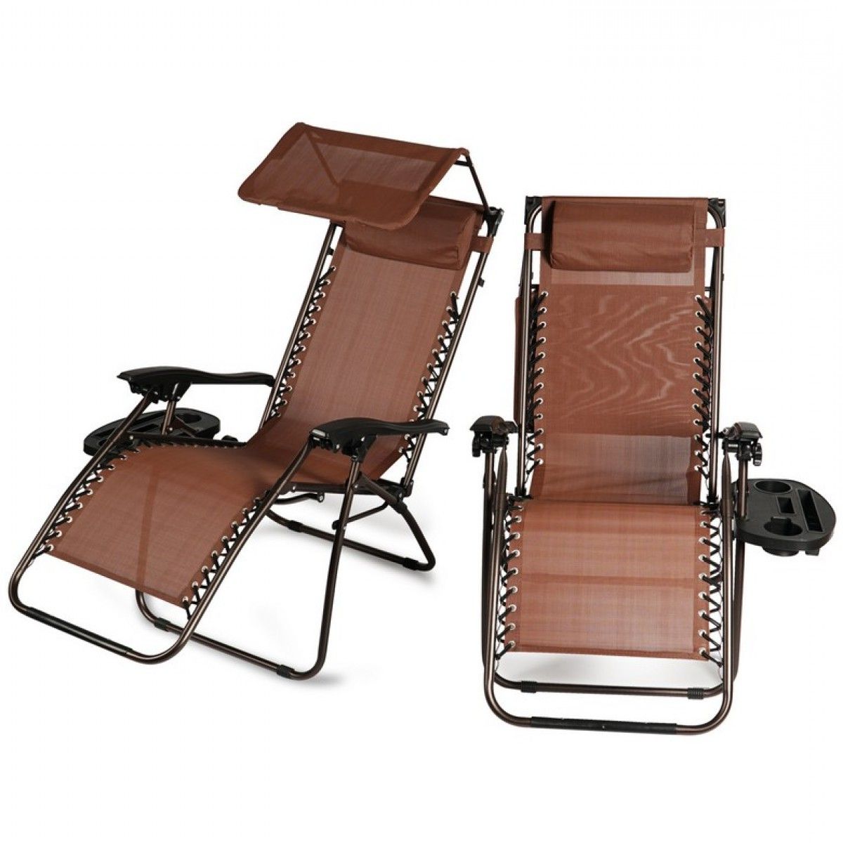 Belleze 2 Pack Zero Gravity Chair W/ Canopy Top Reclining Lounge Chairs  Outdoor Patio W/ Cup Holder, Brown For Recent Garden Oversized Chairs With Sunshade And Drink Tray (View 9 of 25)