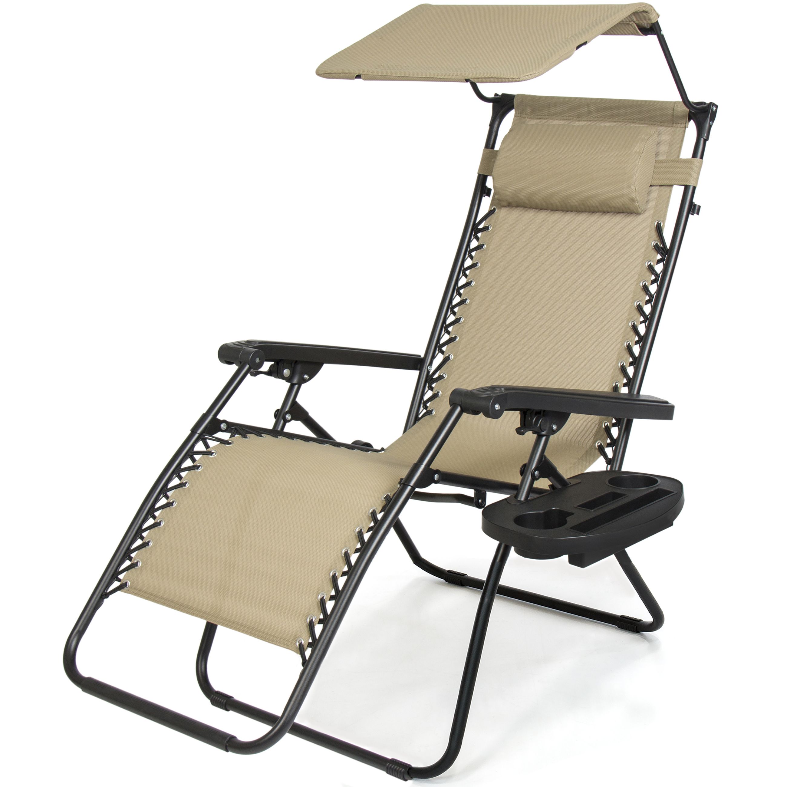 Best Choice Products Folding Steel Mesh Zero Gravity Recliner Lounge Chair  W/ Adjustable Canopy Shade And Cup Holder Accessory Tray, Beige – Within Current Garden Oversized Chairs With Sunshade And Drink Tray (View 5 of 25)
