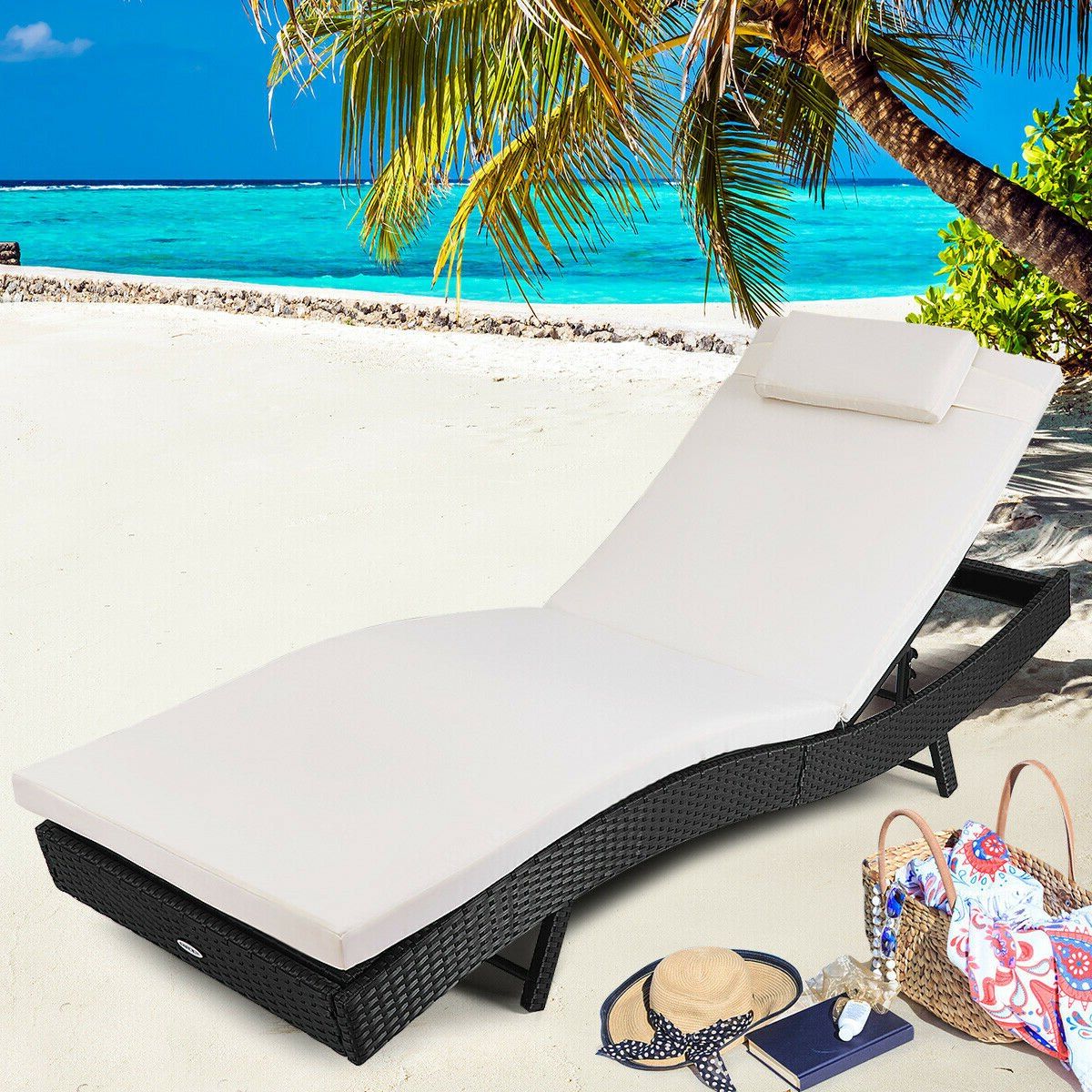 Costway Adjustable Pool Chaise Lounge Chair Outdoor Patio Furniture Pe  Wicker W/cushion Pertaining To Latest Cart Wheel Adjustable Chaise Lounge Chairs (View 20 of 25)