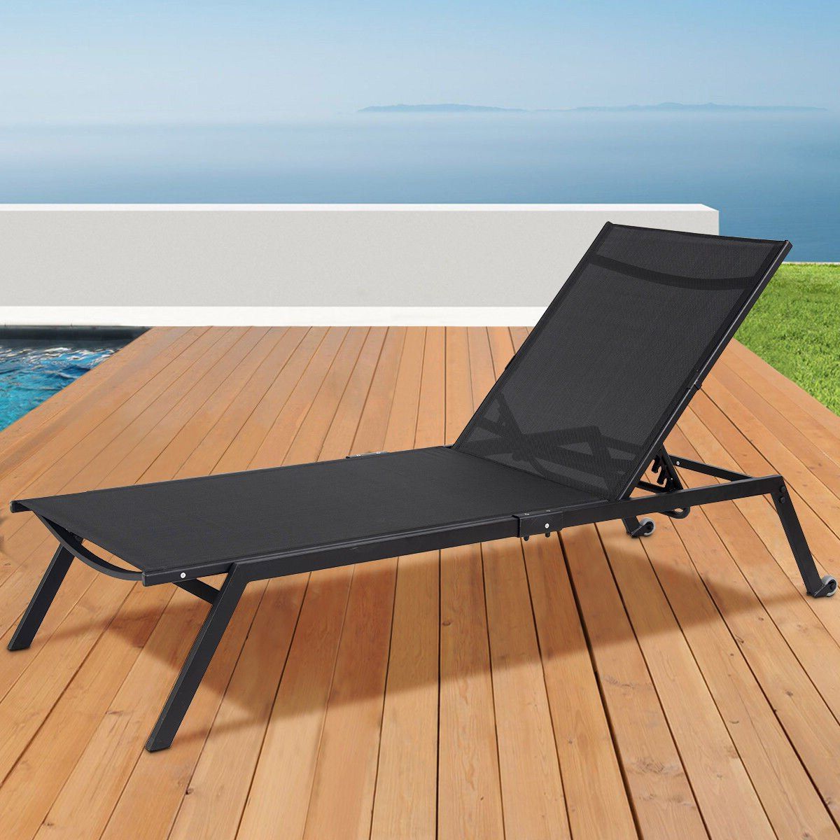 Costway: Costway Outdoor Patio Chaise Lounge Sling Armless Chaise Height  Adjustable Black (View 18 of 25)