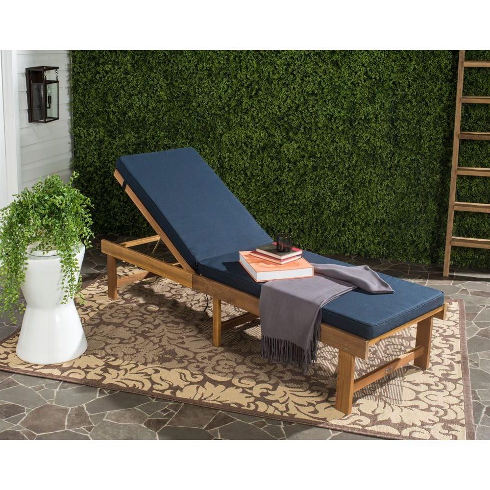 Current Outdoor Rustic Acacia Wood Chaise Lounges With Wicker Seat Inside Safavieh Inglewood Teak Brown/navy 1 Piece All Weather Wicker Outdoor  Chaise Lounge Chair With Navy Cushion (View 11 of 25)