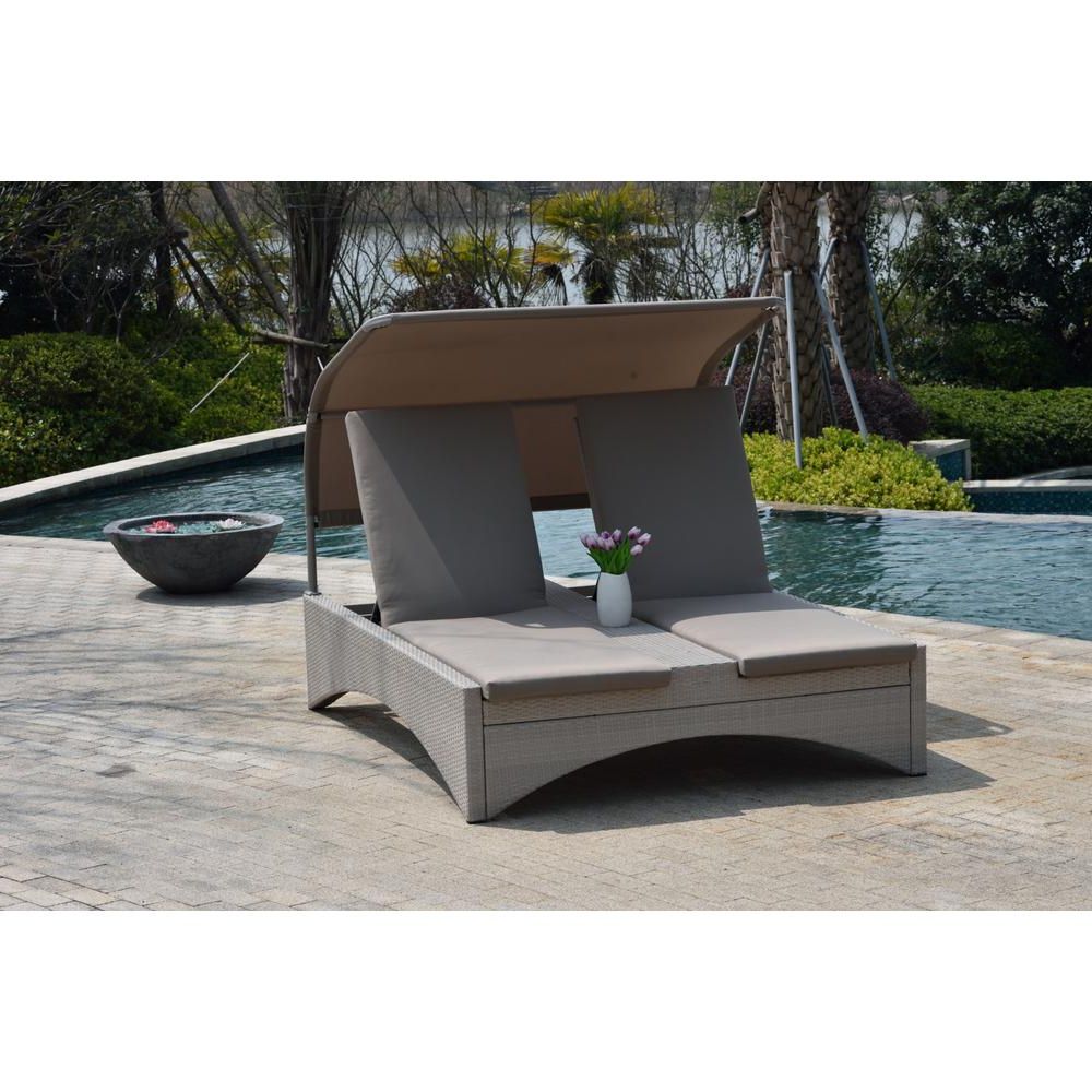 Favorite Double Reclining Lounge Chairs With Canopy For Direct Wicker Columbia Taupe Wicker Outdoor Patio Double Chaise Lounge With  Shade And Taupe Cushions (View 23 of 25)