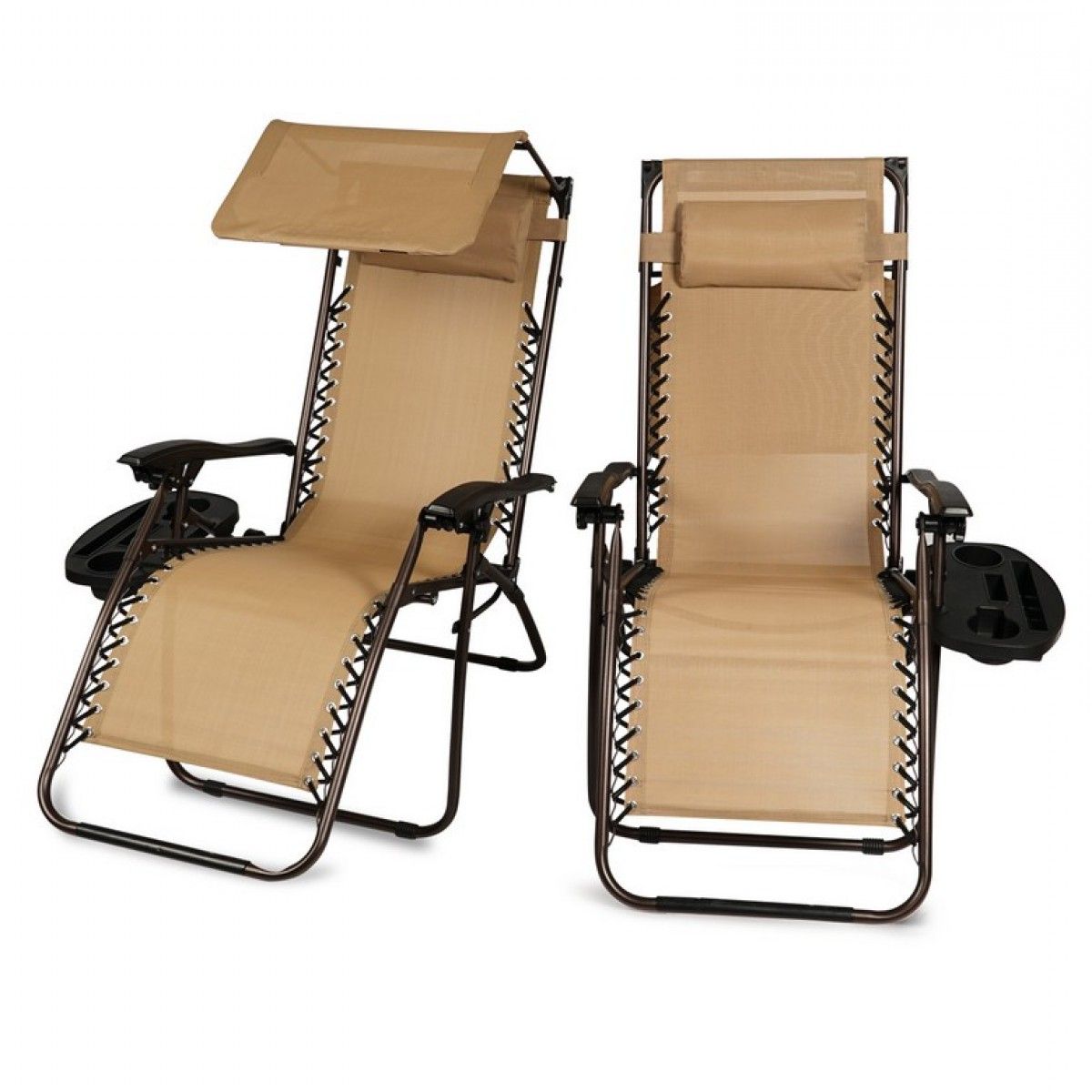 Garden Oversized Chairs With Sunshade And Drink Tray Inside Current Belleze 2 Pack Zero Gravity Chair W/ Canopy Top Reclining Lounge Chairs  Outdoor Patio W/ Cup Holder, Tan (View 11 of 25)
