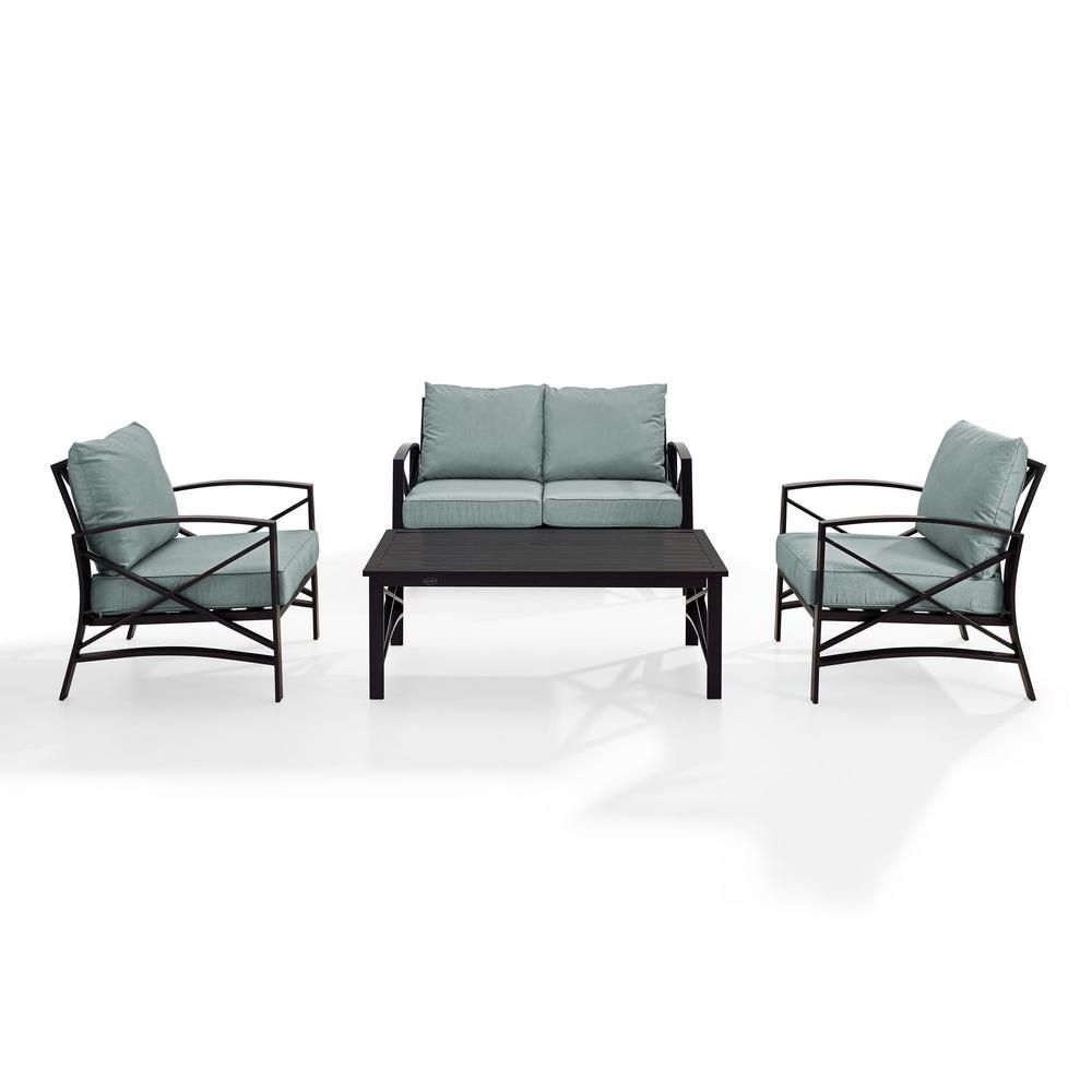 Kaplan 4 Piece Metal Patio Outdoor Seating Set With Mist Cushion –  Loveseat, 2 Chairs, Coffee Table Within Recent Chaise Lounge Chairs In Bronze With Mist Cushions (View 19 of 25)