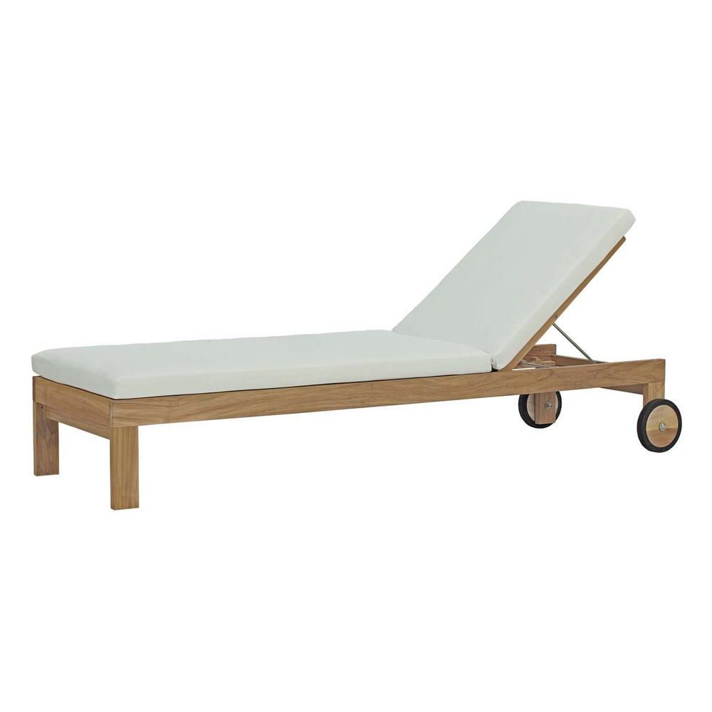 Modway Upland Patio Natural Teak Wood Outdoor Chaise Lounge With White  Cushions Pertaining To Recent Lattice Outdoor Patio Pool Chaise Lounges With Wheels And Cushion (View 16 of 25)