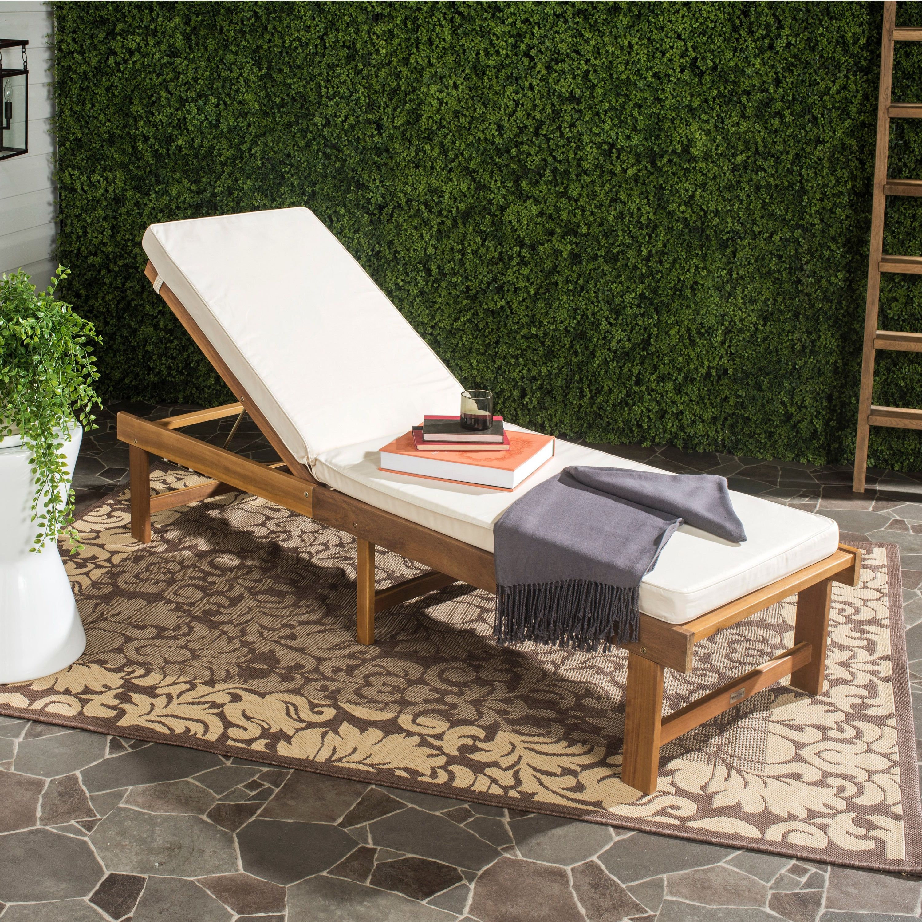 Outdoor Living Manteca Ash Grey Acacia Wood Lounge Chairs Inside Most Recently Released Safavieh Outdoor Living Inglewood Brown Acacia Wood Beige Cushion Lounge  Chair – 23.6" X 75.2" X  (View 5 of 25)