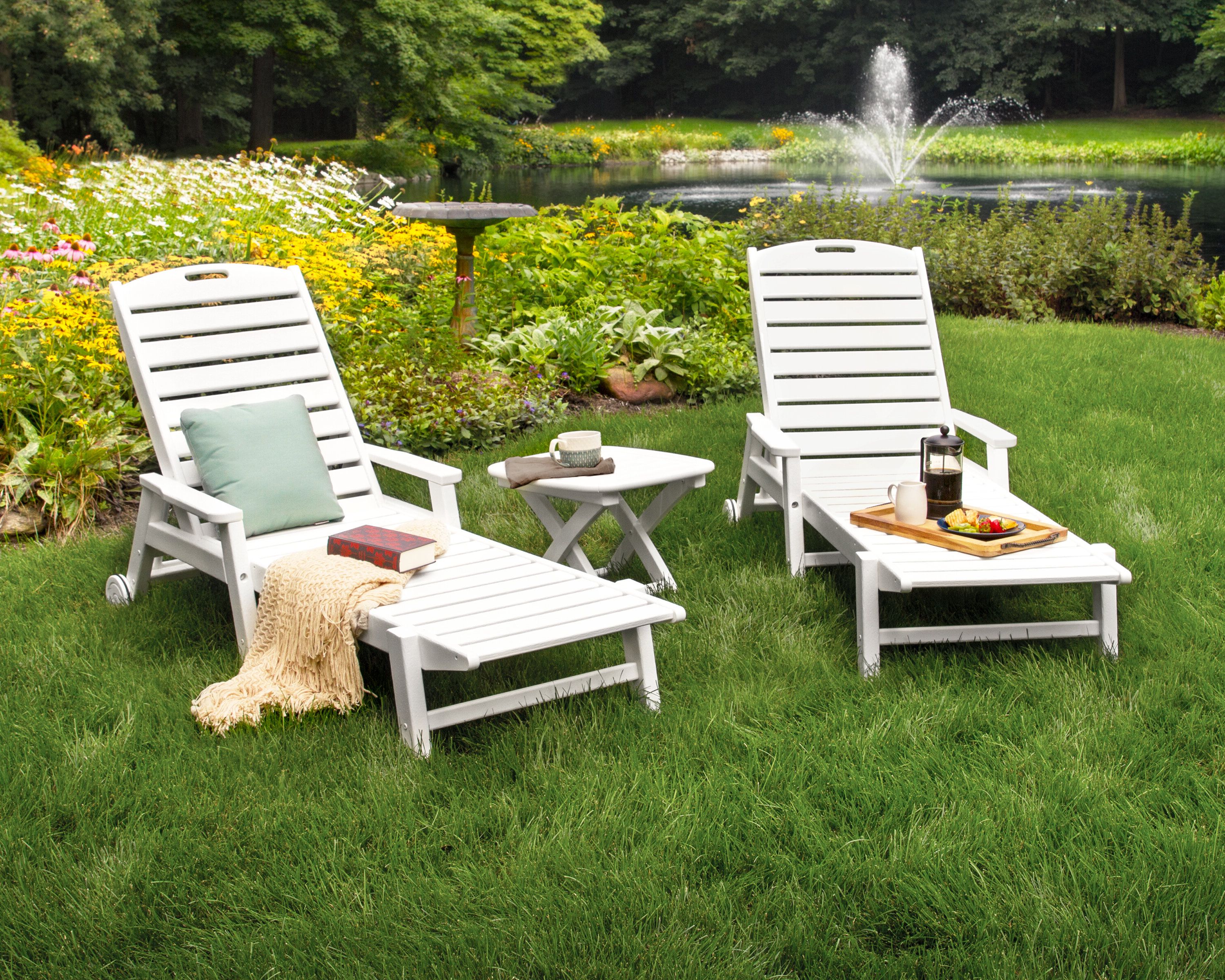 Preferred Nautical 3 Piece Outdoor Chaise Lounge Sets With Wheels And Table Intended For Avid 3 Piece Chaise Lounge Set (Photo 7 of 25)