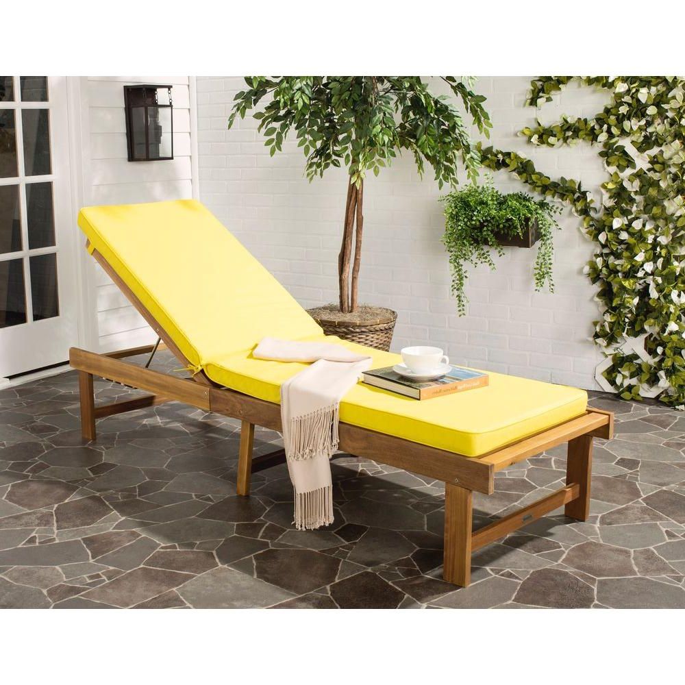 Safavieh Inglewood Brown 1 Piece All Weather Teak Outdoor Chaise Lounge  Chair With Yellow Cushion With Regard To Well Known Hampton Outdoor Chaise Lounges Acacia Wood And Wicker (View 22 of 25)