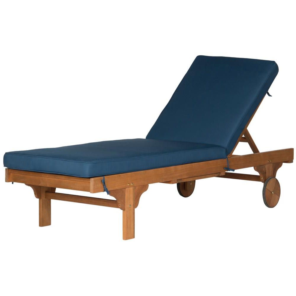 Safavieh Newport Natural Brown Adjustable Wood Outdoor Lounge Chair With  Navy Cushion Regarding Widely Used Outdoor Adjustable Wood Chaise Lounges (View 8 of 25)