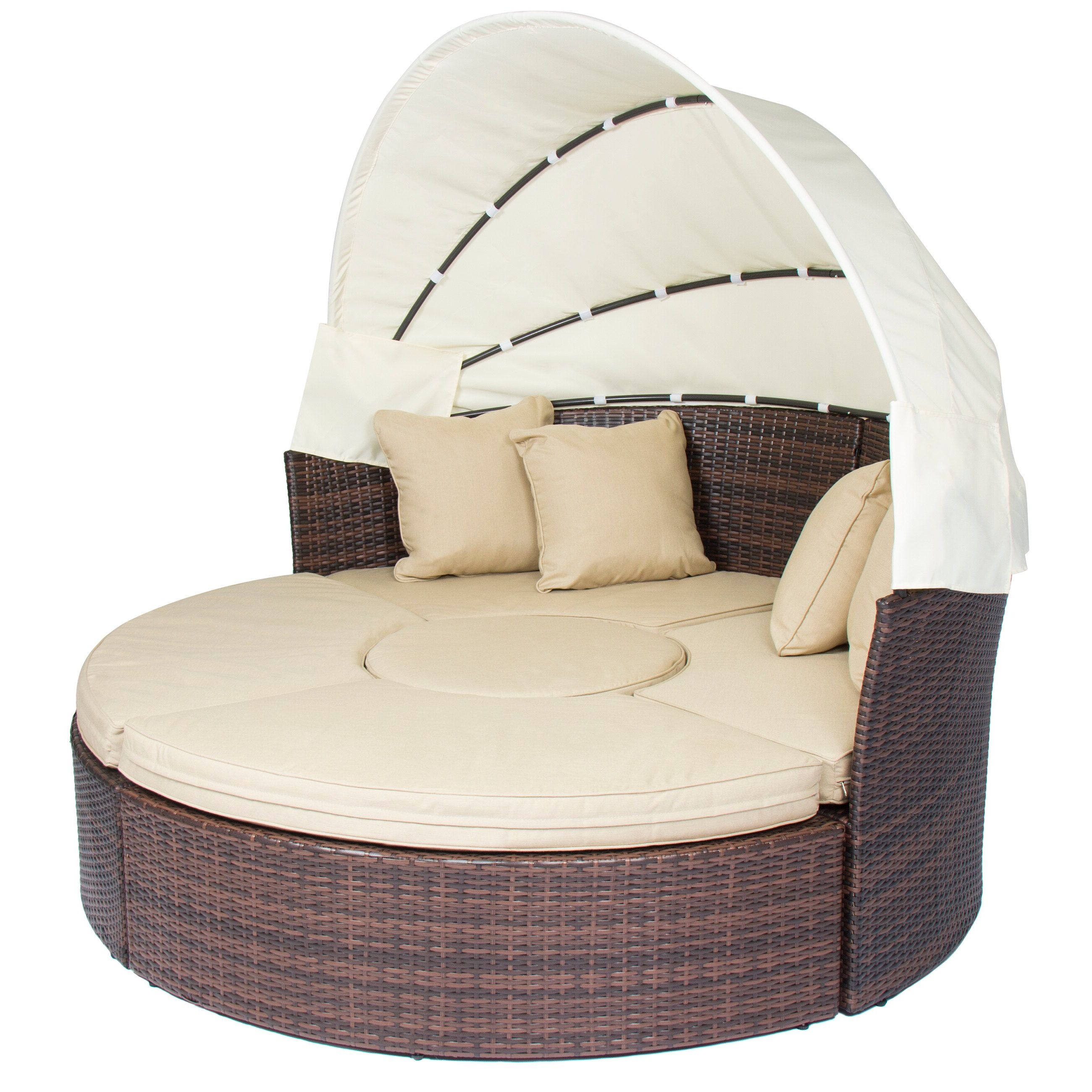 Trendy Outdoor Patio Sofa Furniture Round Retractable Canopy Daybed Brown Wicker  Rattan With Garden Oversized Chairs With Sunshade And Drink Tray (View 24 of 25)