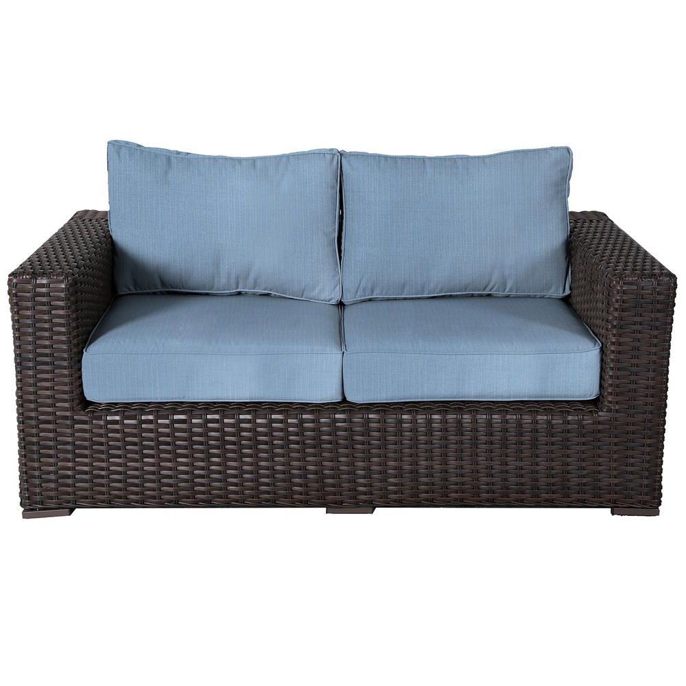 Envelor Santa Monica Patio Wicker Outdoor Loveseat With Sunbrella Air Blue  Cushions Regarding Most Recently Released Loveseats With Sunbrella Cushions (View 11 of 25)