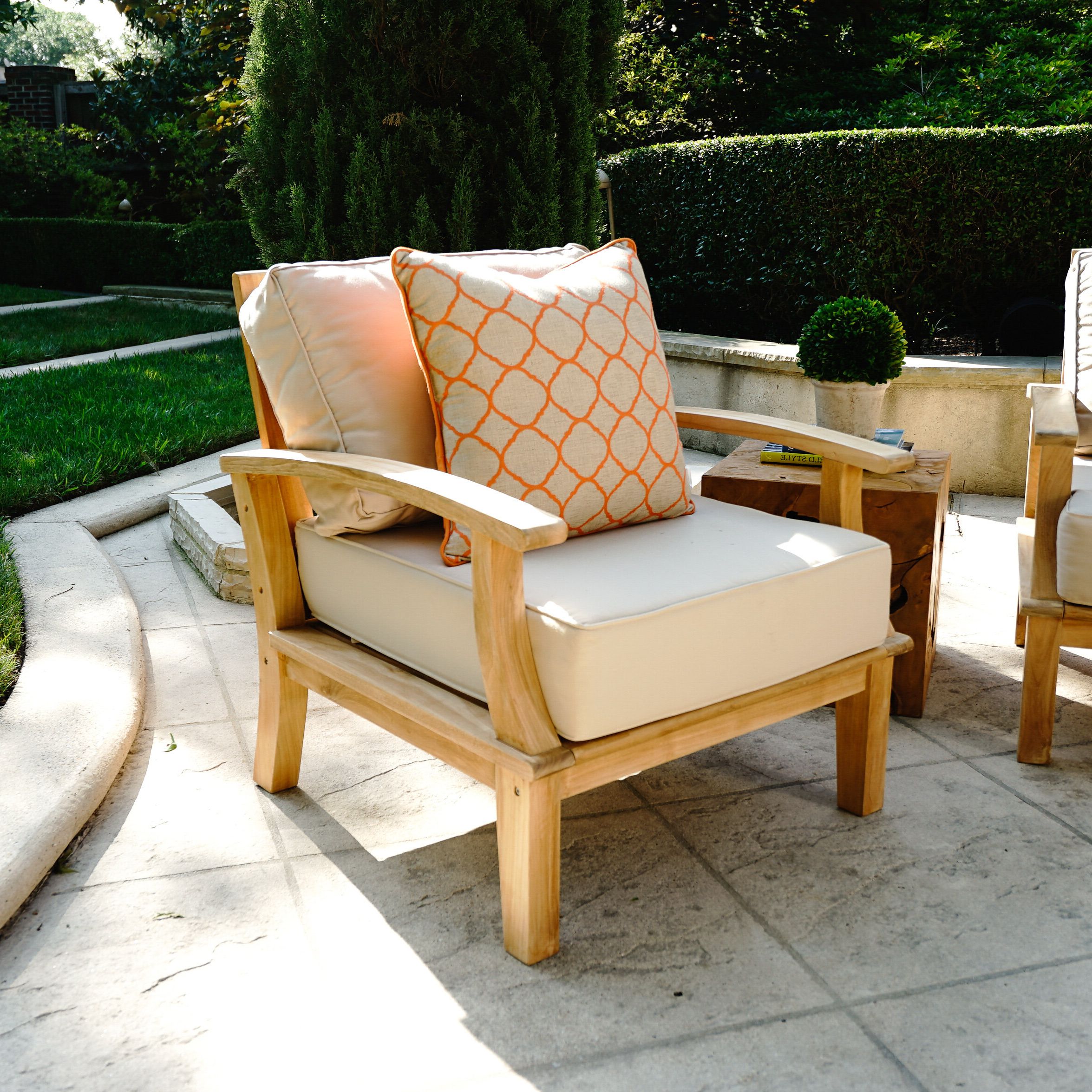 Galvan Outdoor Teak Patio Chair With Cushion Intended For Most Up To Date Brunswick Teak Patio Sofas With Cushions (View 16 of 25)