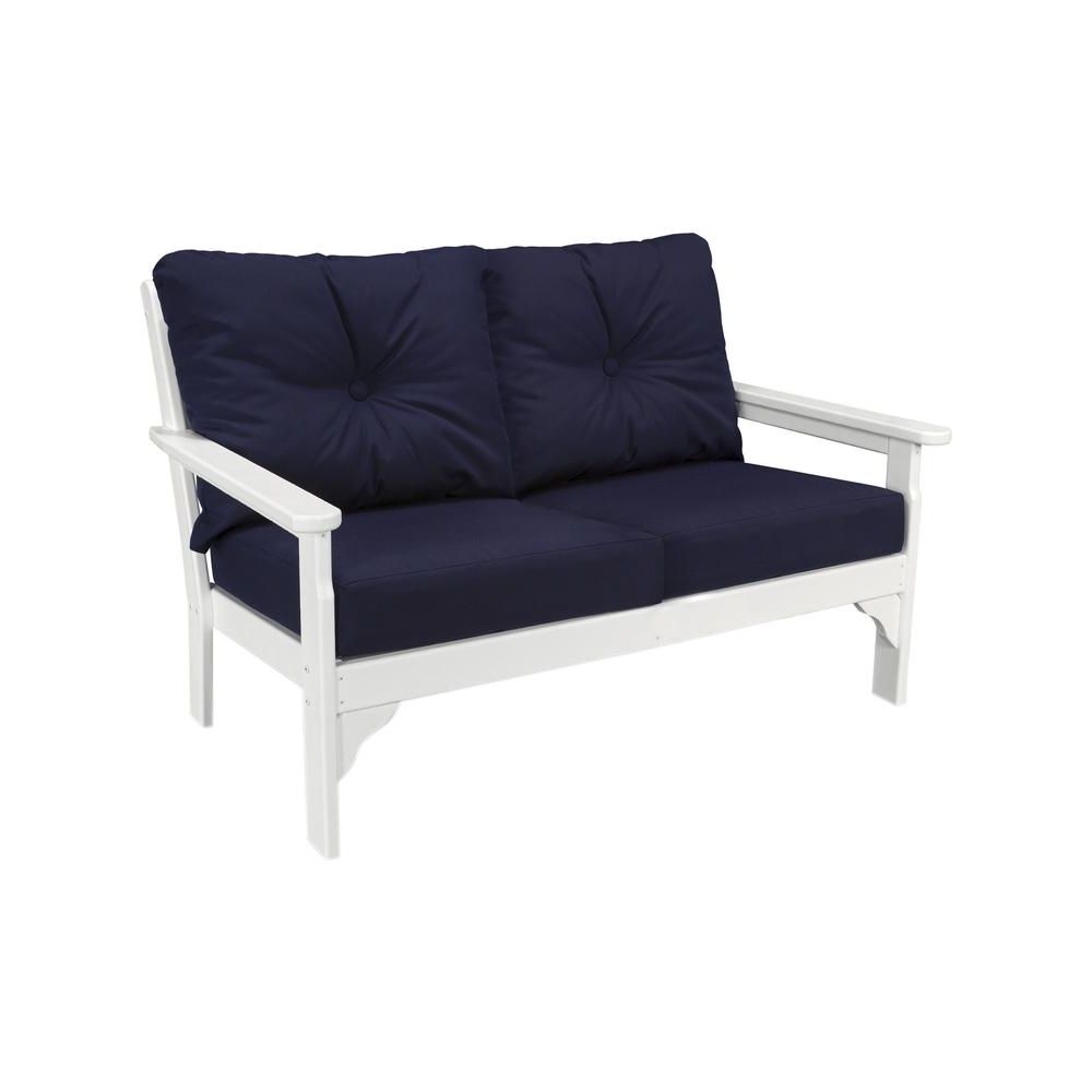 Loveseats With Sunbrella Cushions Pertaining To Well Known Polywood Vineyard White Plastic Patio Patio Outdoor Loveseat With Sunbrella  Navy Cushions (View 21 of 25)