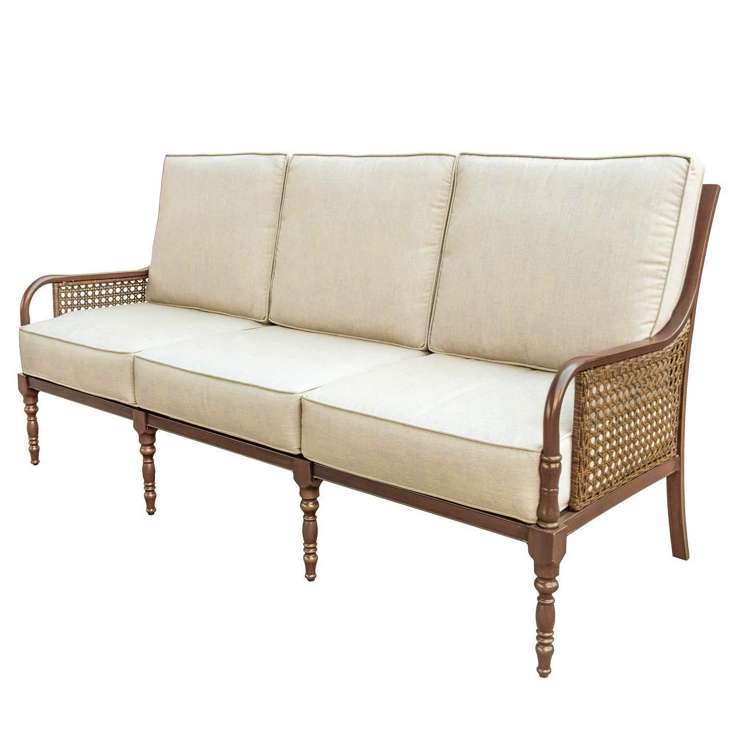 Newest Salvato Sofas With Cushion Regarding Arabella Aluminum Patio Sofa W/ Sunbrella Cast Ash Cushions (View 3 of 25)