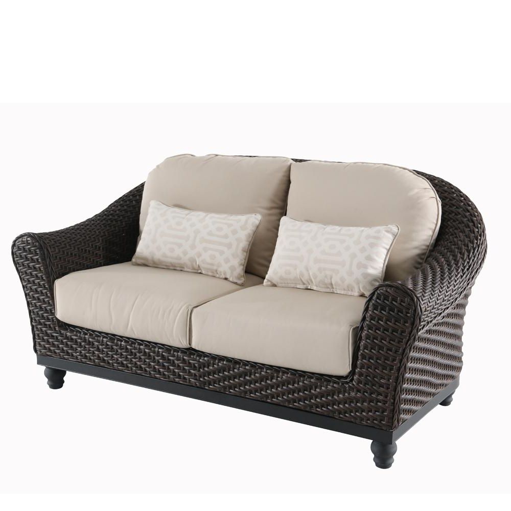 Well Known Loveseats With Sunbrella Cushions Regarding Home Decorators Collection Cambridge Dark Brown Wicker Outdoor Patio  Loveseat With Sunbrella Antique Beige & Fretwork Flax Cushions (View 6 of 25)