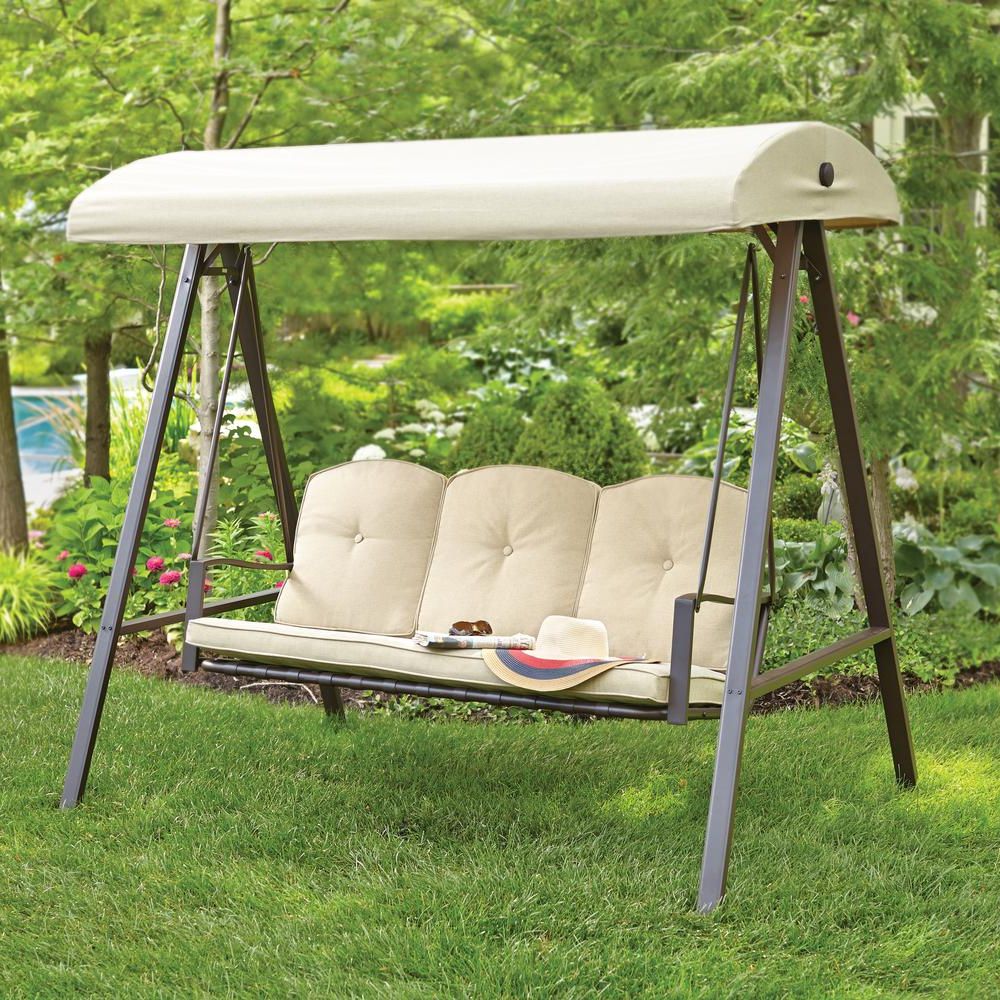 3 Person Outdoor Porch Swings With Stand For Most Current Hampton Bay Cunningham 3 Person Metal Outdoor Patio Swing With Canopy (View 9 of 25)