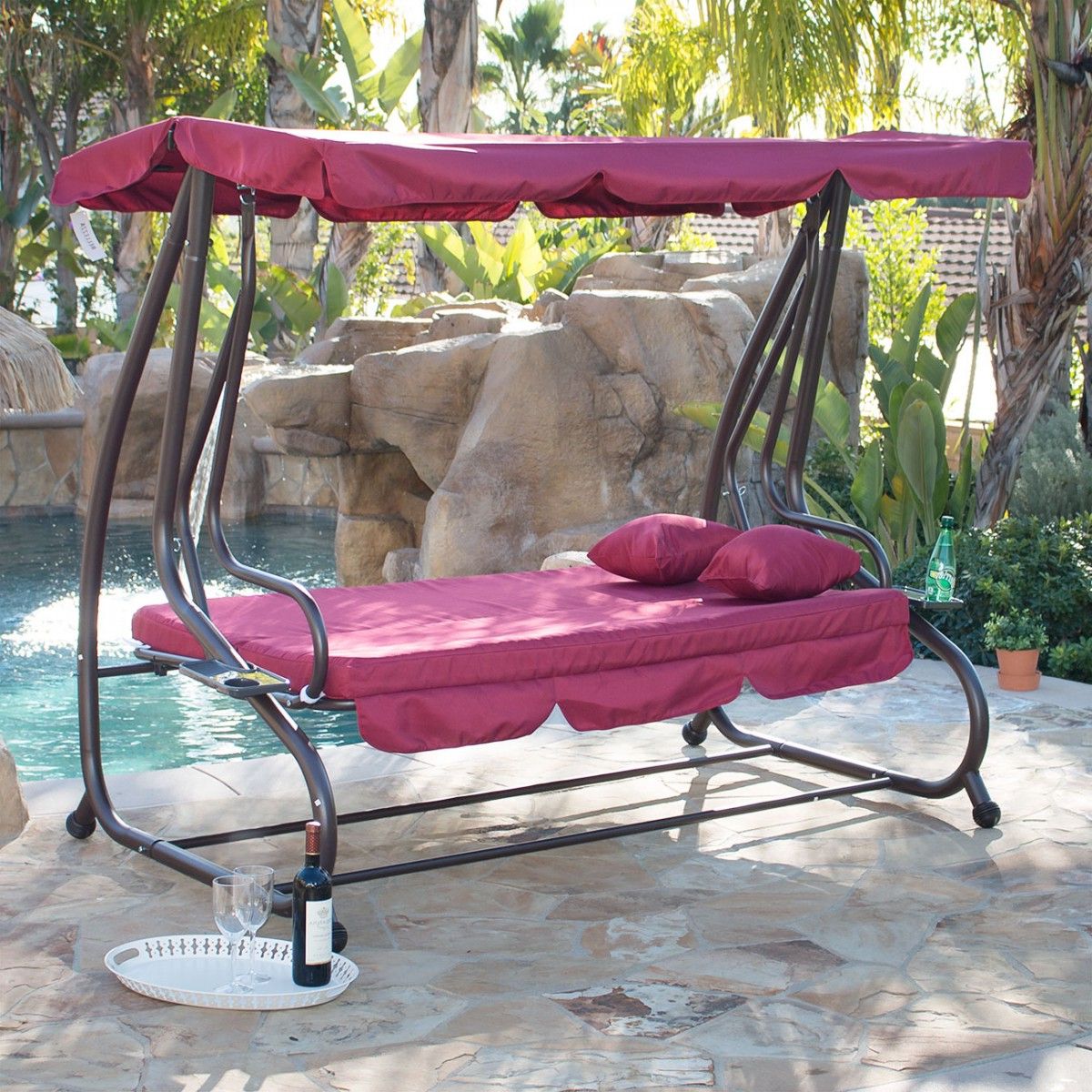 Belleze Outdoor Canopy Porch Swing/bed Hammock Tilt Canopy With Steel Frame  (burgundy) Pertaining To Widely Used Porch Swings With Canopy (View 3 of 25)