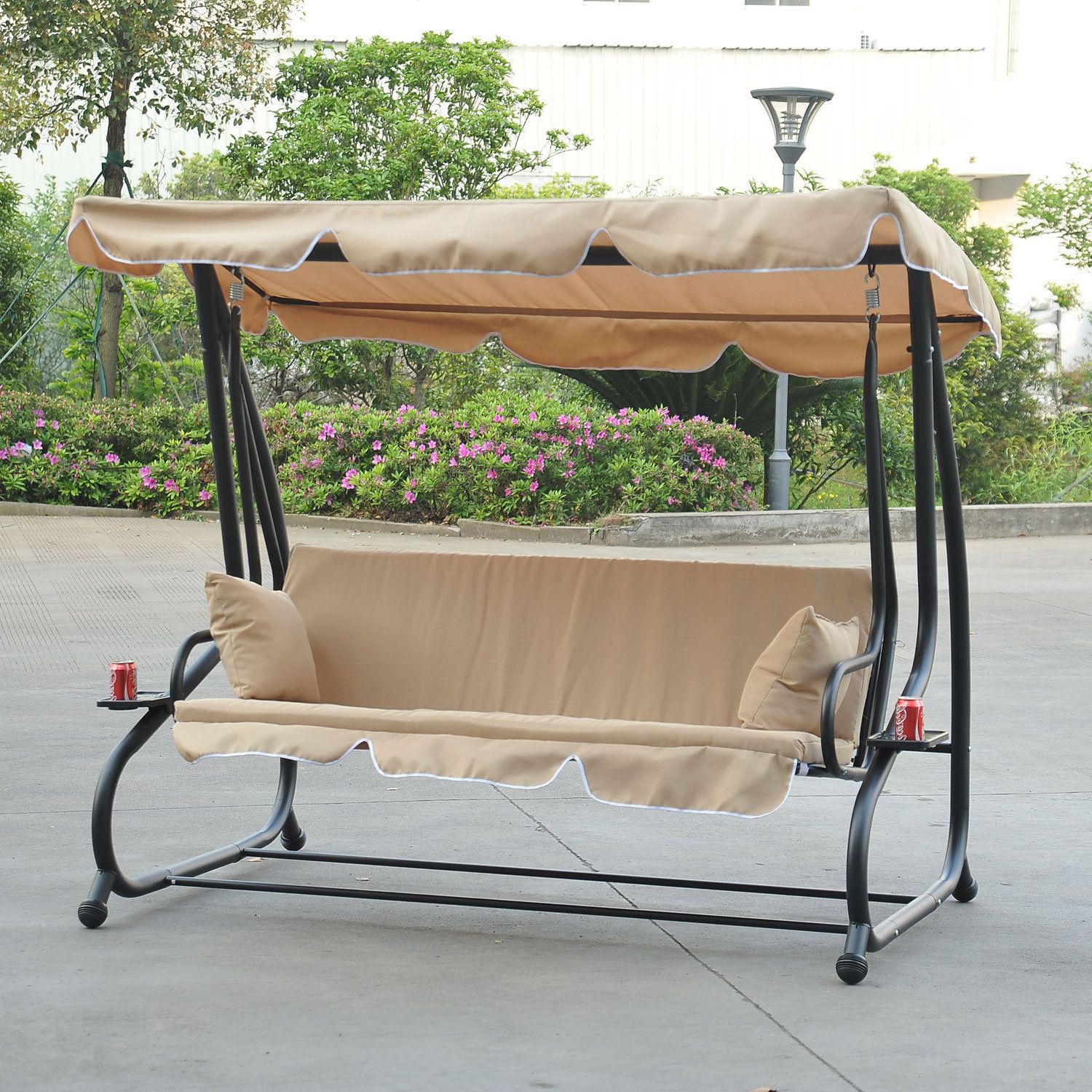 Details About Outdoor 3 Person Patio Porch Swing Hammock Bench Canopy  Loveseat Convertible Bed For Recent Canopy Porch Swings (View 25 of 25)