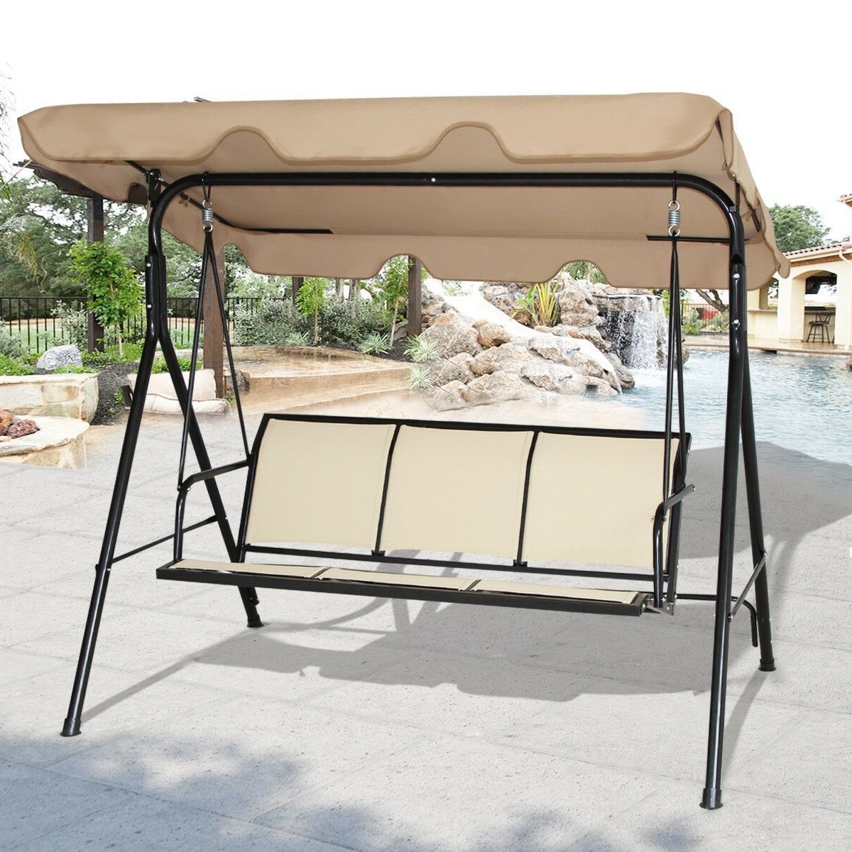 Fashionable Canopy Patio Porch Swings With Pillows And Cup Holders With Regard To Garden Outdoor 3 Person Family Canopy Glider Hammock Porch Swing Bench  Chair Us (View 23 of 25)