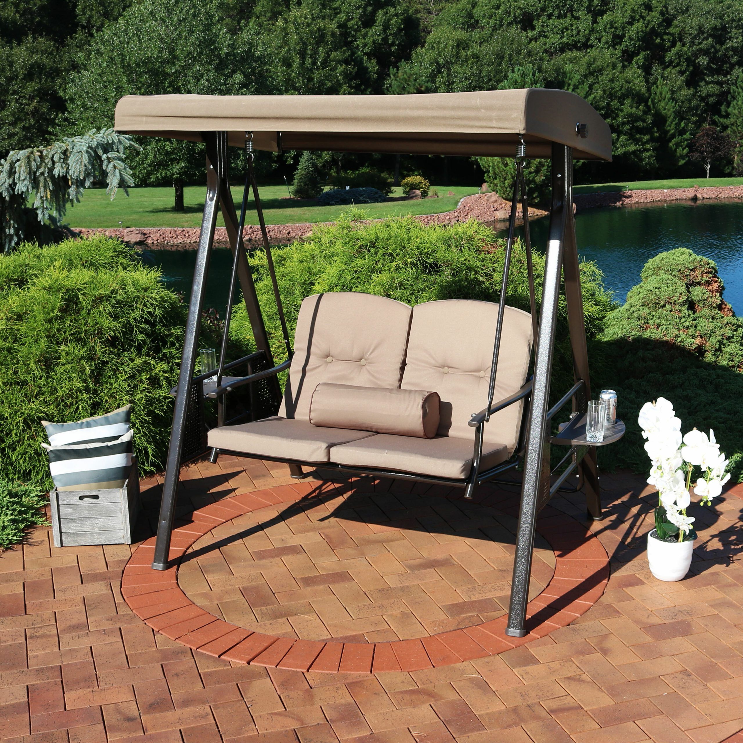 Freeport Park Woodley 2 Person Adjustable Tilt Canopy Patio Loveseat Porch  Swing Within 2019 Porch Swings With Canopy (View 16 of 25)