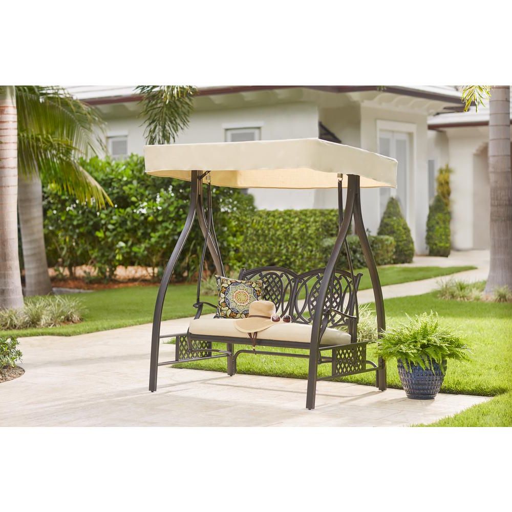 Latest Hampton Bay Belcourt Metal Outdoor Swing With Stand And Canopy With  Cushionguard Oatmeal Cushion Within Canopy Porch Swings (View 21 of 25)