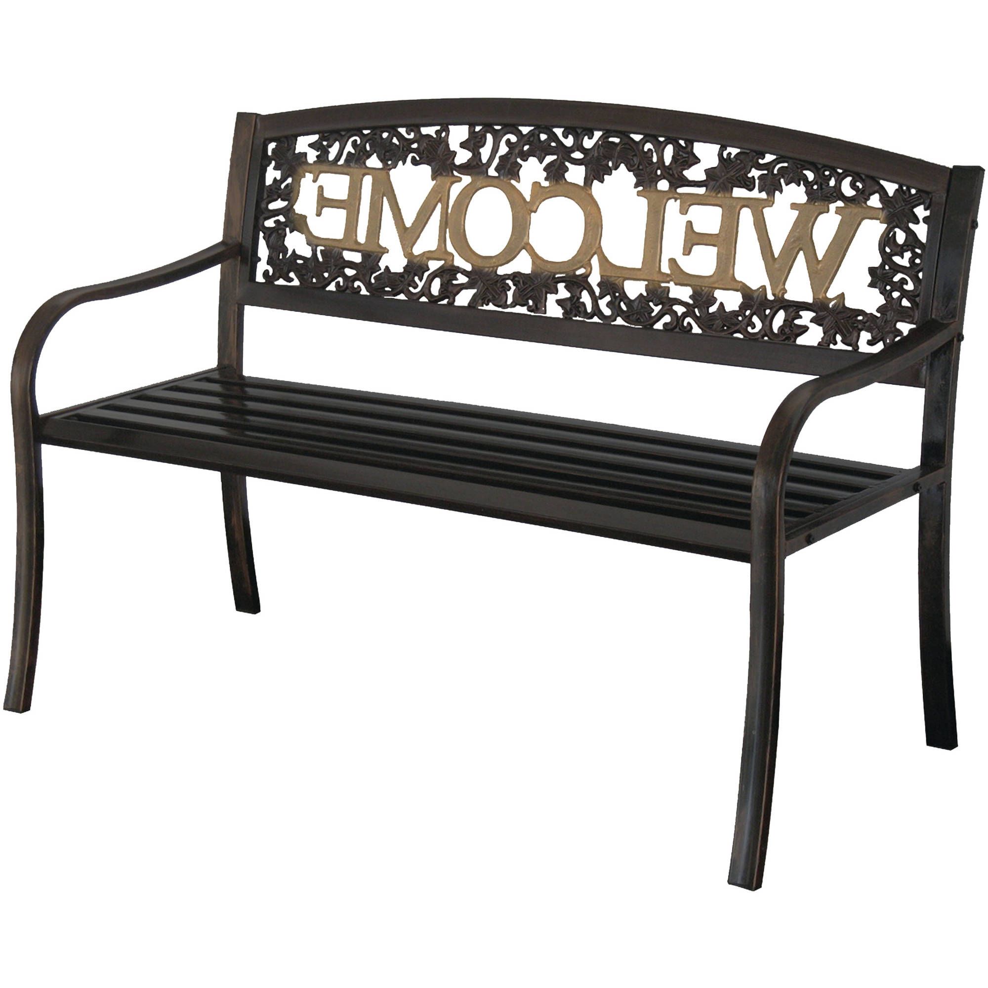 Most Current Black Steel Patio Swing Glider Benches Powder Coated Intended For Leigh Country Welcome Outdoor Garden Bench, Black/gold – Walmart (View 21 of 25)