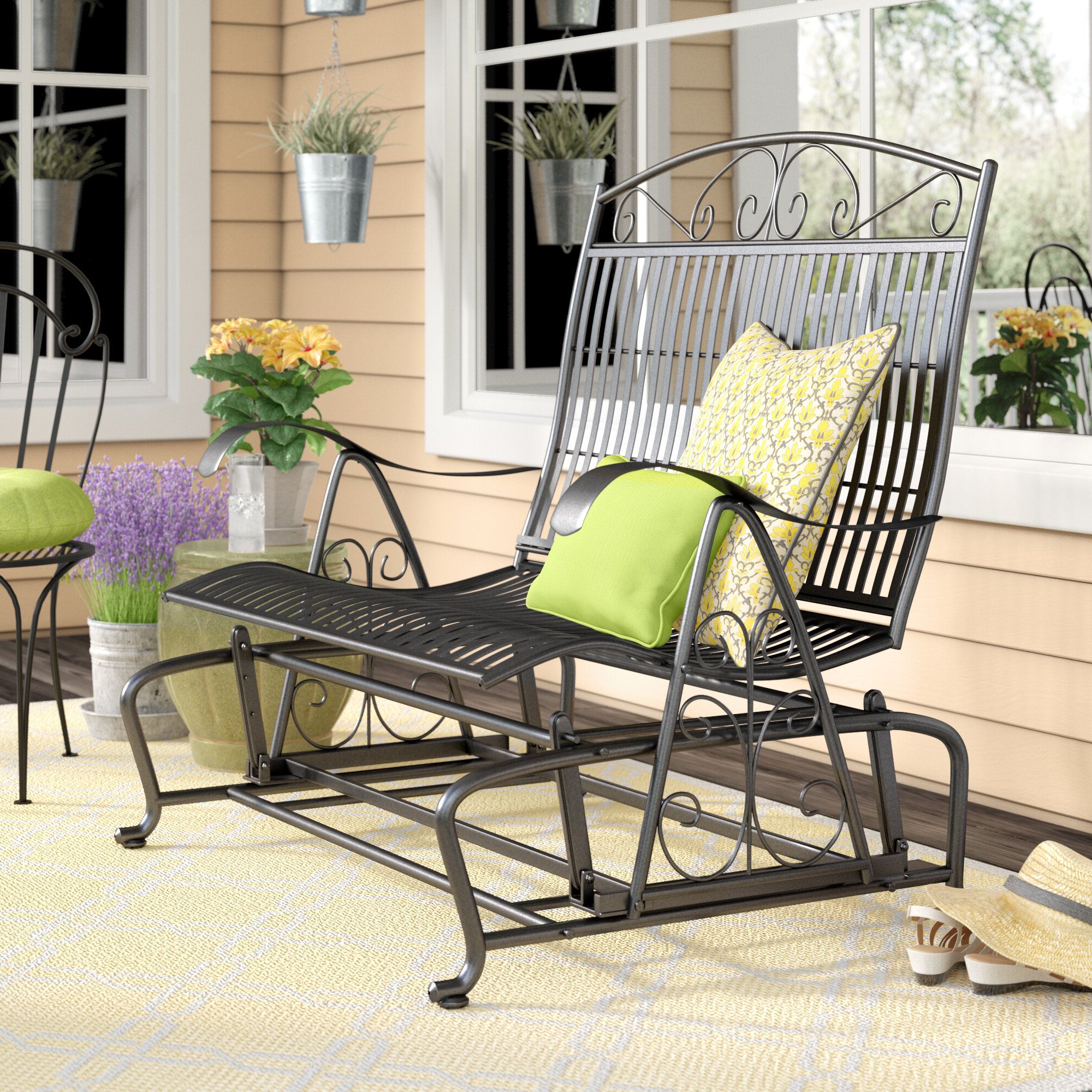Most Recent 1 Person Antique Black Steel Outdoor Gliders Throughout Nocona Iron Double Patio Glider Bench (View 17 of 25)