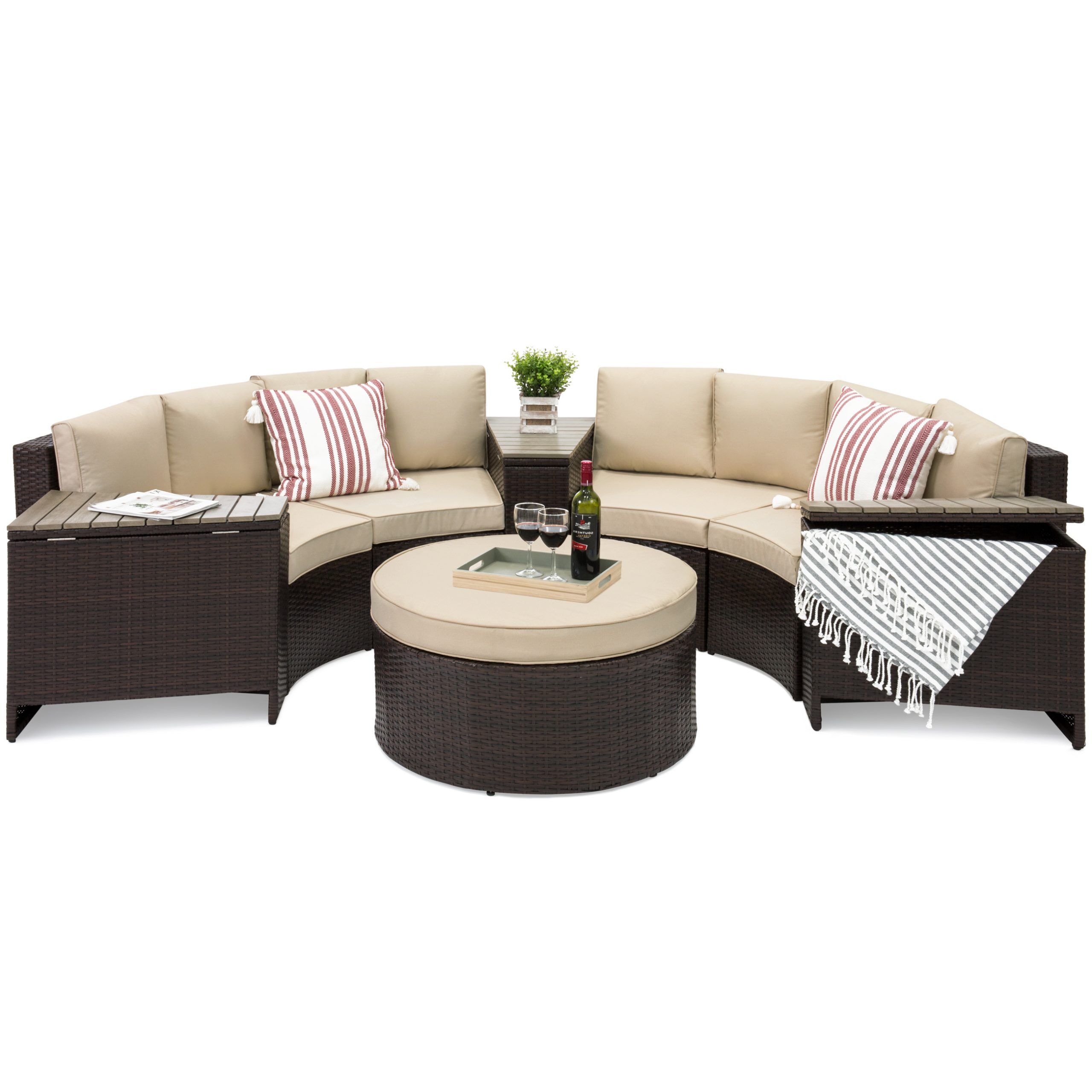 Most Recently Released Best Choice Products 8 Piece Half Circle Wicker Sectional Sofa Set W/  Waterproof Cushions, Wedge Storage Tables – Brown With Regard To Outdoor Wicker Plastic Half Moon Leaf Shape Porch Swings (View 14 of 25)