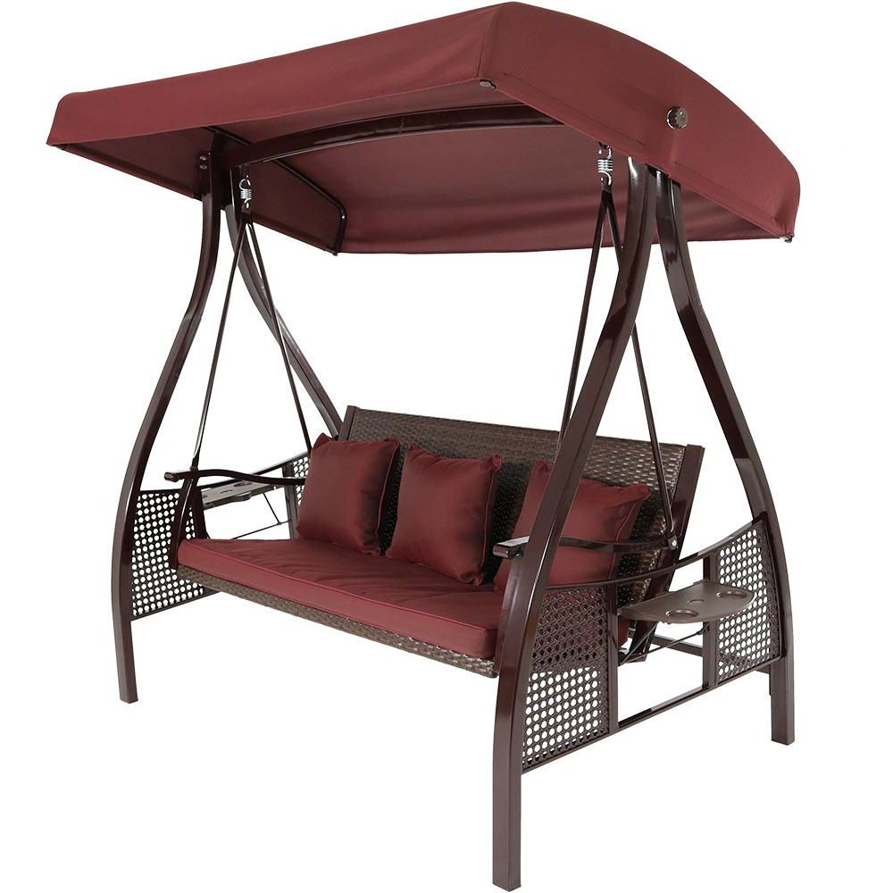 Porch Swings With Canopy For Most Popular Sunnydaze Decor Deluxe Steel Frame Porch Swing With Maroon Cushion, Canopy  And Side Tables (View 8 of 25)