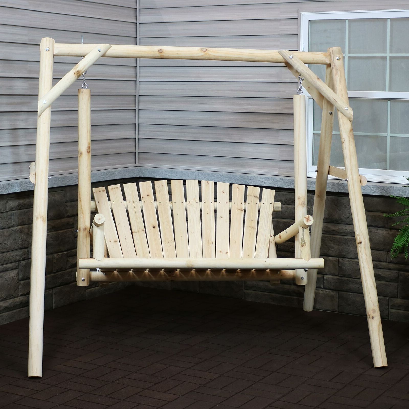 Well Known 3 Person Natural Cedar Wood Outdoor Swings With Regard To Sunnydaze 2 Person Rustic Log Wood Patio Outdoor Swing And Stand (View 22 of 25)
