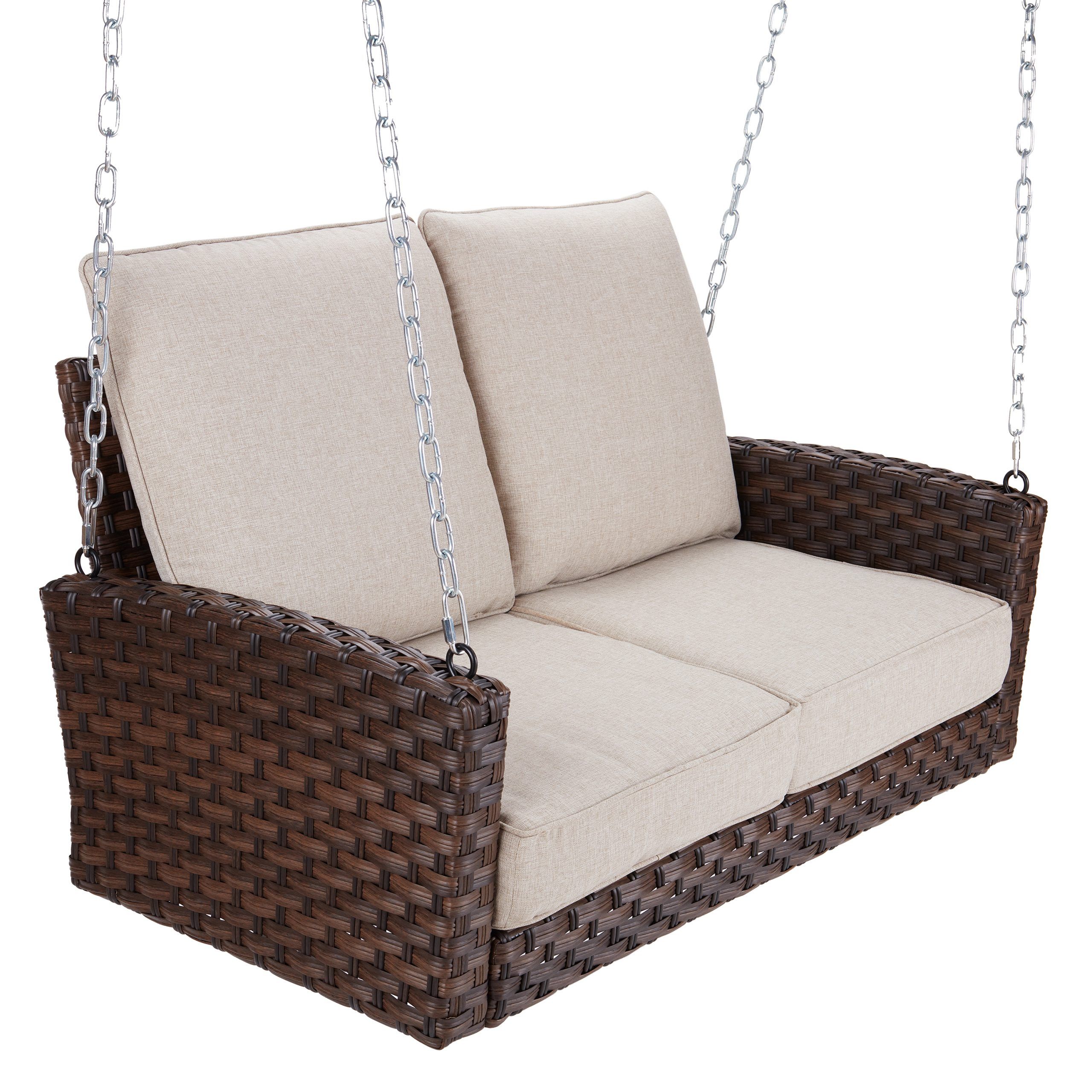 Well Liked 2 Person Outdoor Convertible Canopy Swing Gliders With Removable Cushions Beige Throughout Better Homes & Gardens Hensley Outdoor Wicker Porch Swing (View 14 of 25)