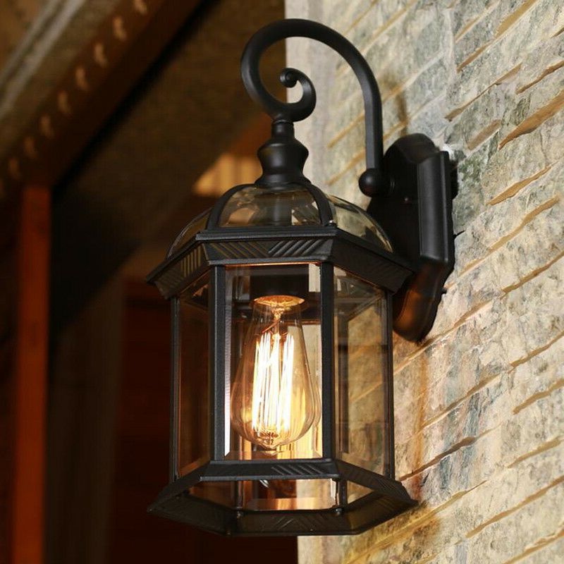 Latest Carrington Beveled Glass Outdoor Wall Lanterns Within Black Vintage Clear Glass Metal Lantern Curved Arm Outdoor (View 3 of 15)