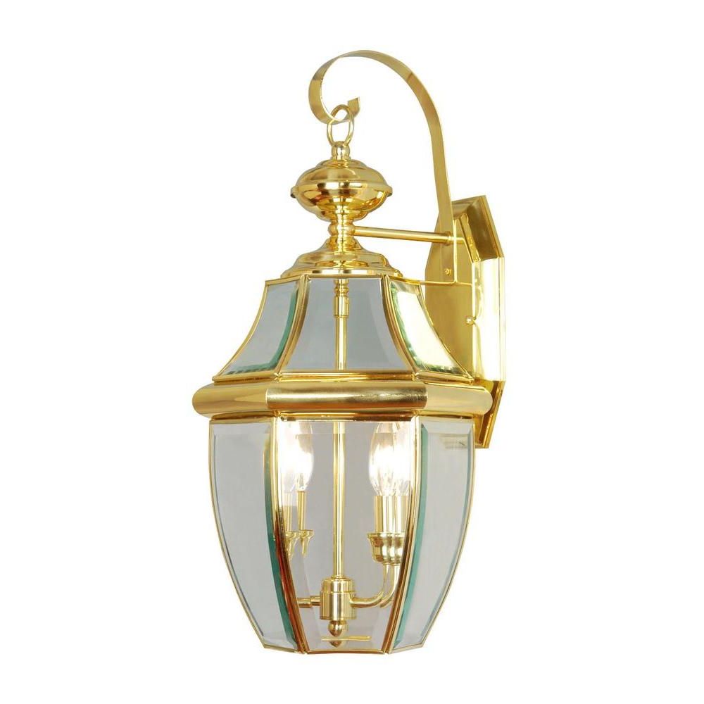 Meunier Glass Outdoor Wall Lanterns Within Widely Used Livex Lighting 2 Light Bright Brass Outdoor Wall Lantern (View 3 of 15)