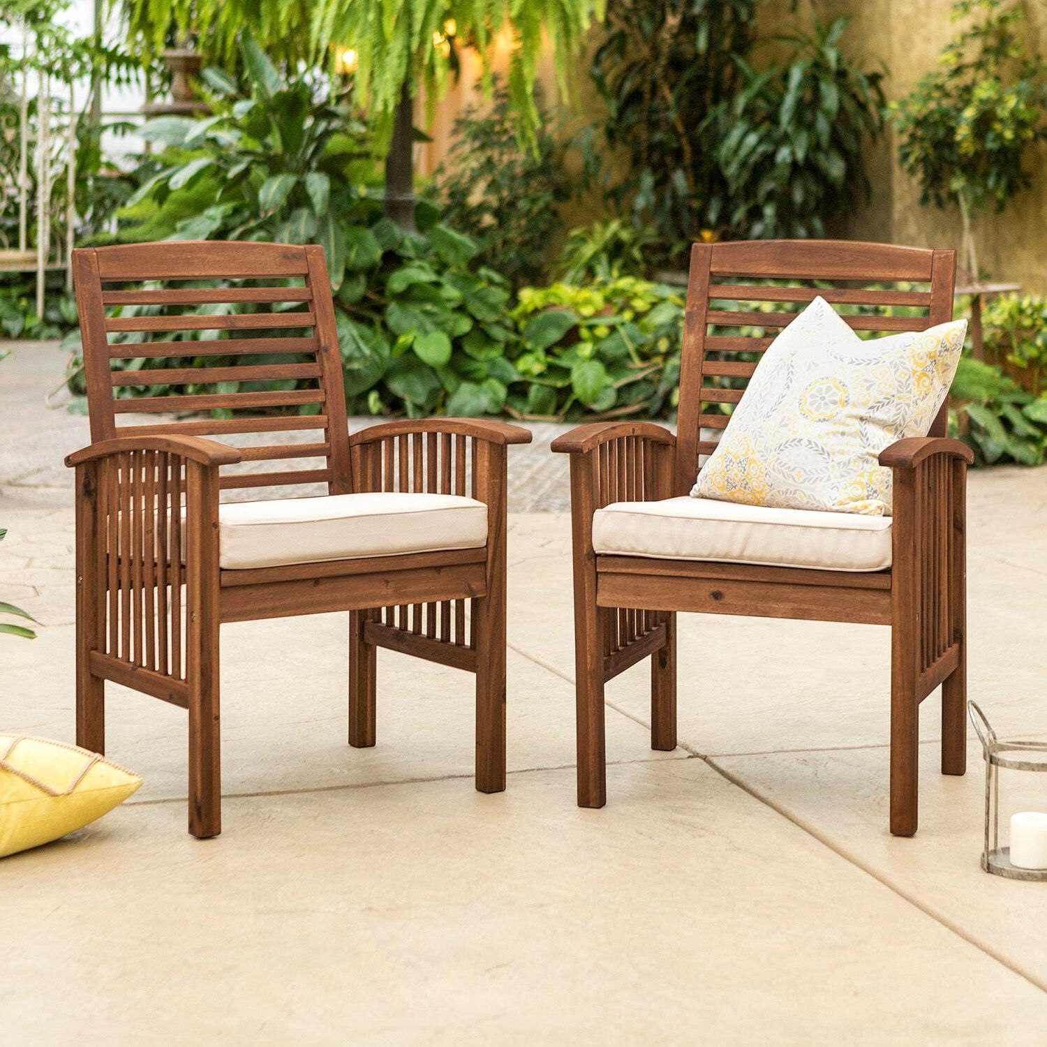 2019 Midland 2 Piece Dark Brown Acacia Patio Dining Arm Chair Set W/ Natural Throughout Natural Wood Outdoor Chairs (View 6 of 15)