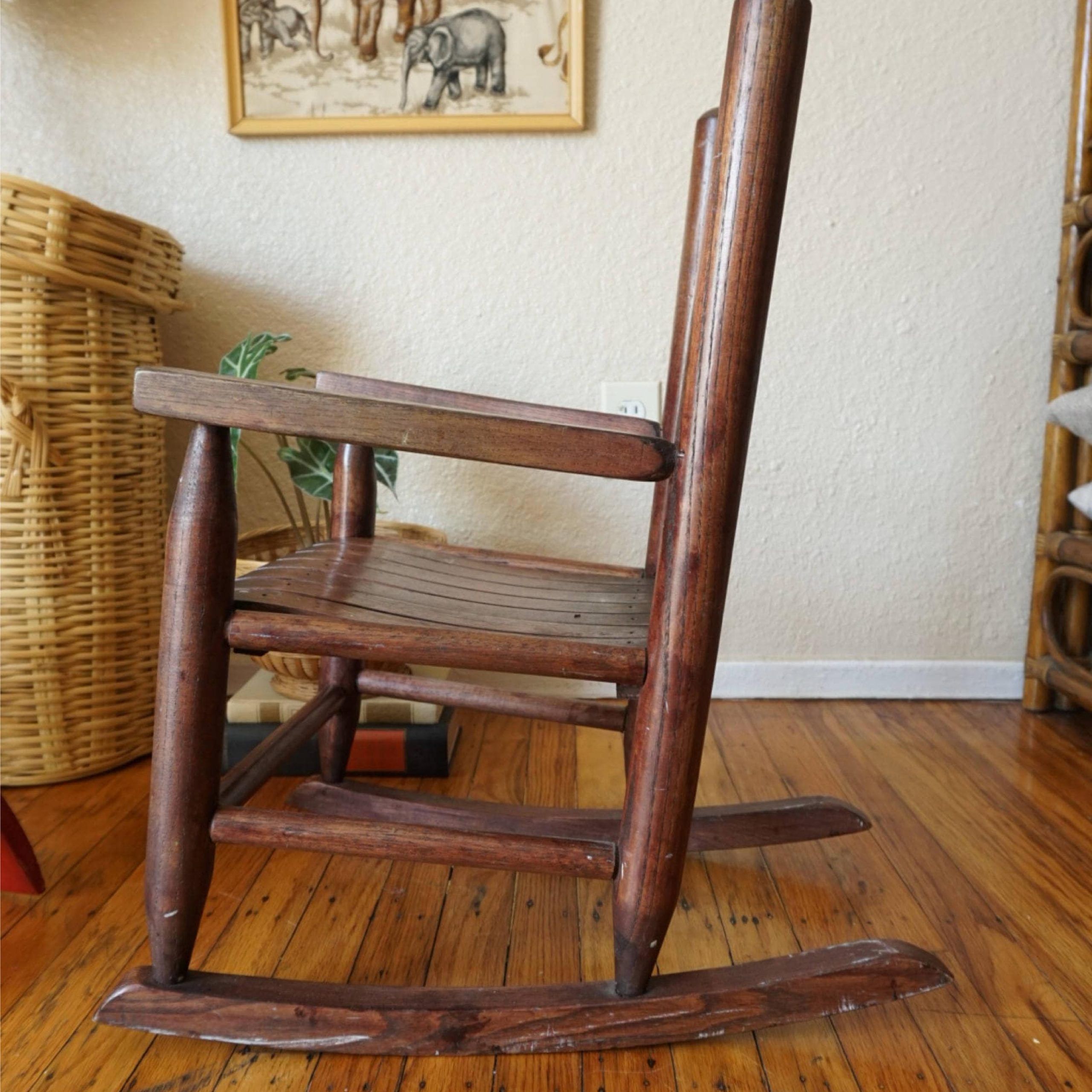 2020 Dark Natural Rocking Chairs With Regard To Reserved— Vintage Dark Brown Solid Wood Children's Rocking Chair (View 7 of 15)