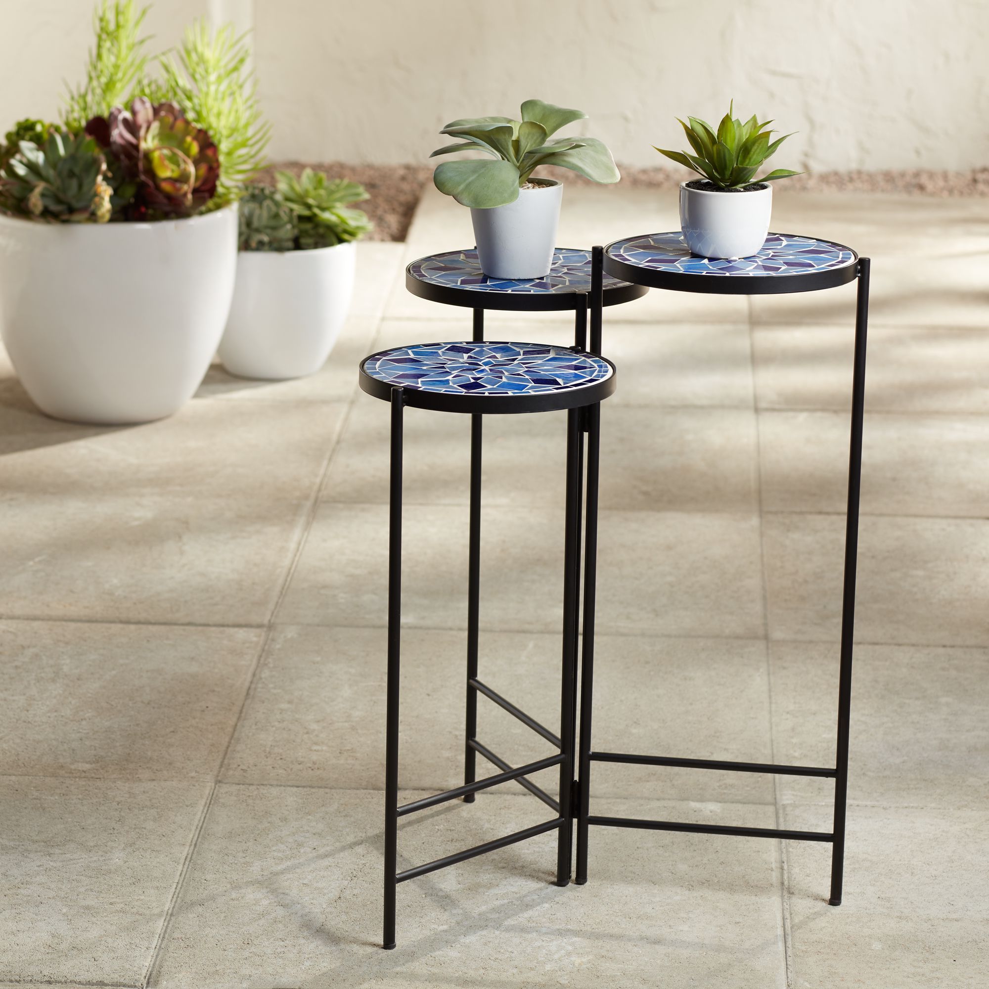 Current Teal Island Designs Blue Mosaic Black Iron Set Of 3 Accent Tables With Regard To Mosaic Black Iron Outdoor Accent Tables (View 8 of 15)