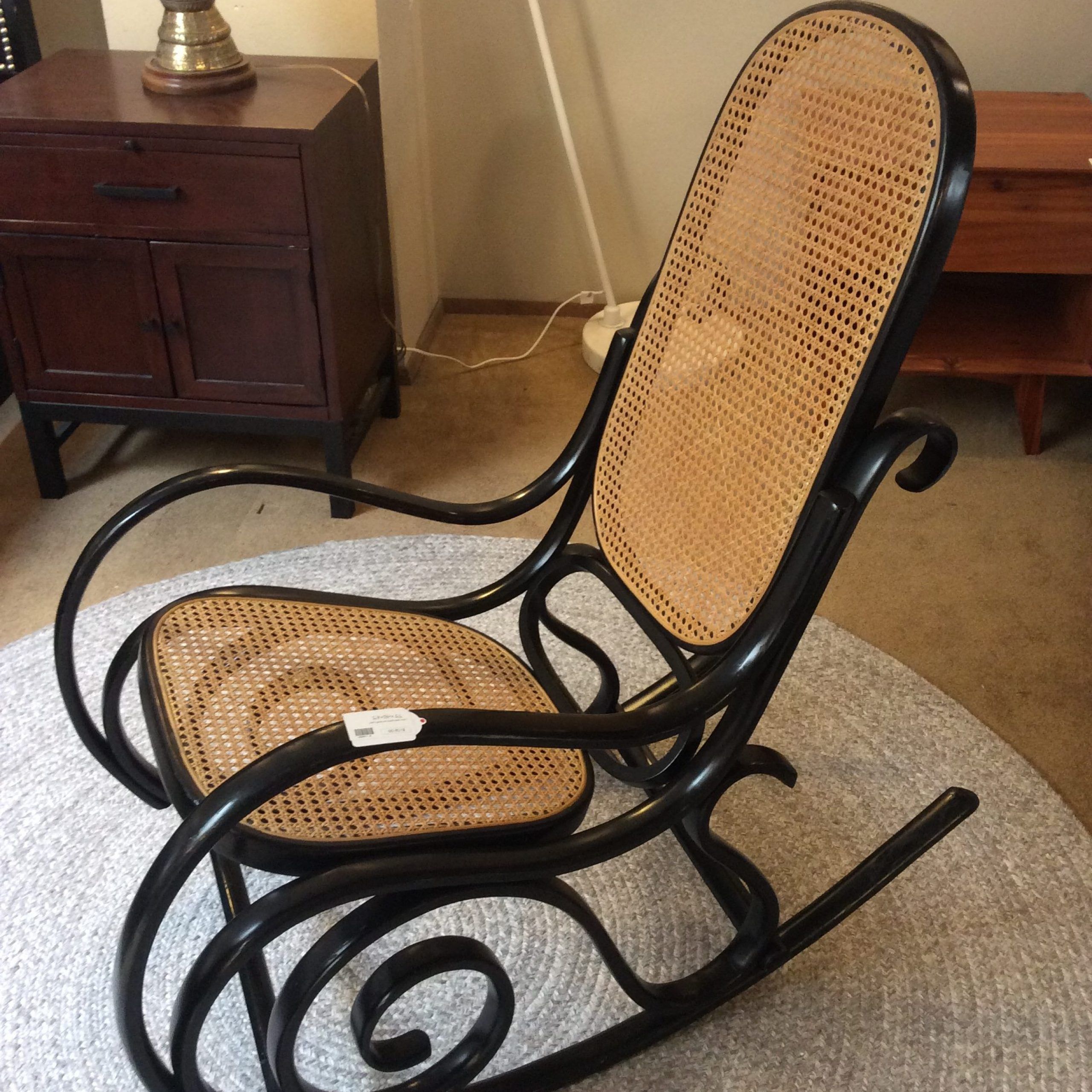 Dark Natural Rocking Chairs Within Widely Used Cane Seat Black Rocking Chair Sold – Ballard Consignment (View 6 of 15)