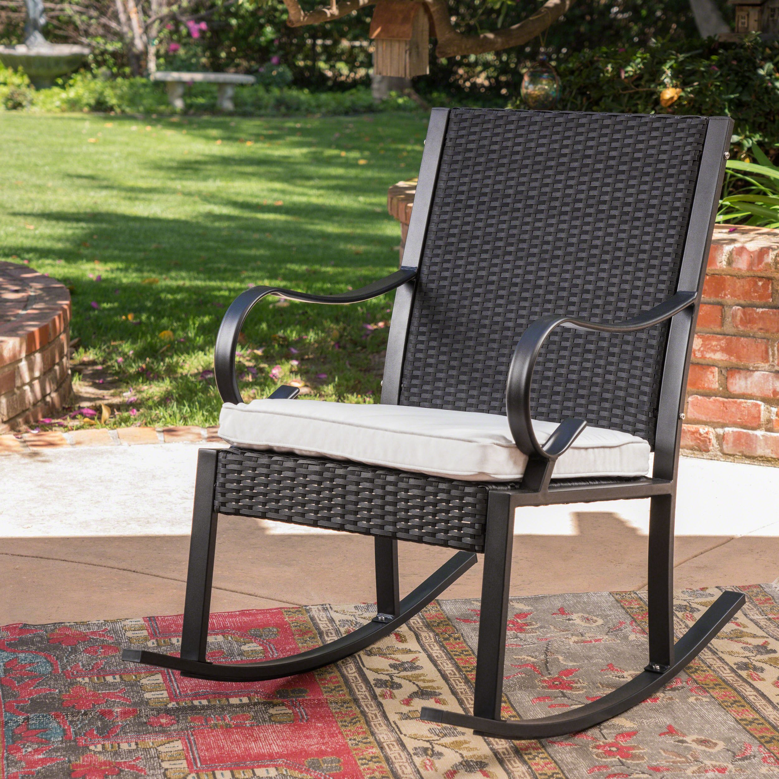 Hayden Outdoor Wicker Rocking Chair With Cushion, White,black – Walmart Pertaining To Newest Dark Natural Rocking Chairs (View 13 of 15)